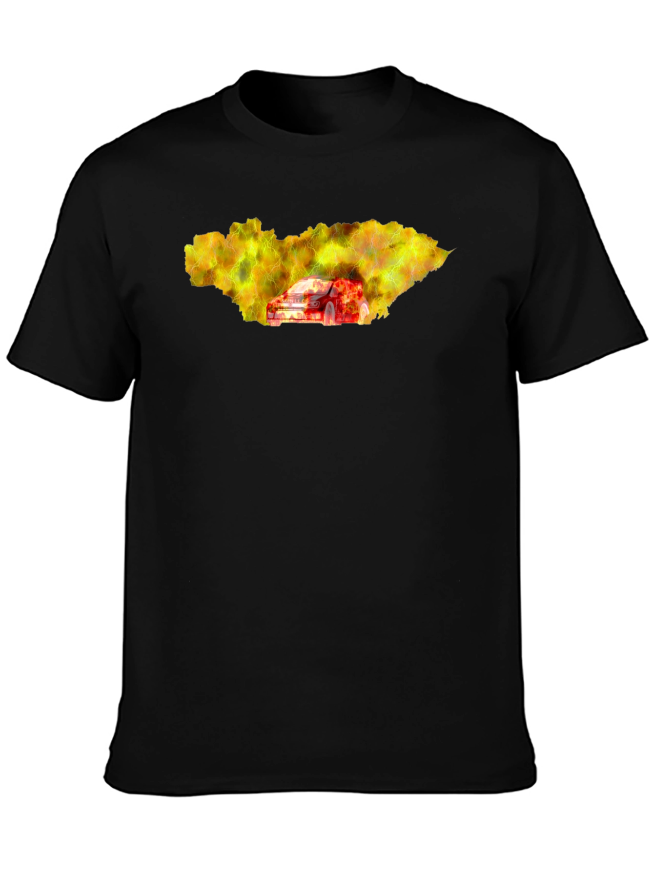 Camiseta Hombre Negra con Diseño de Coche en Llamas