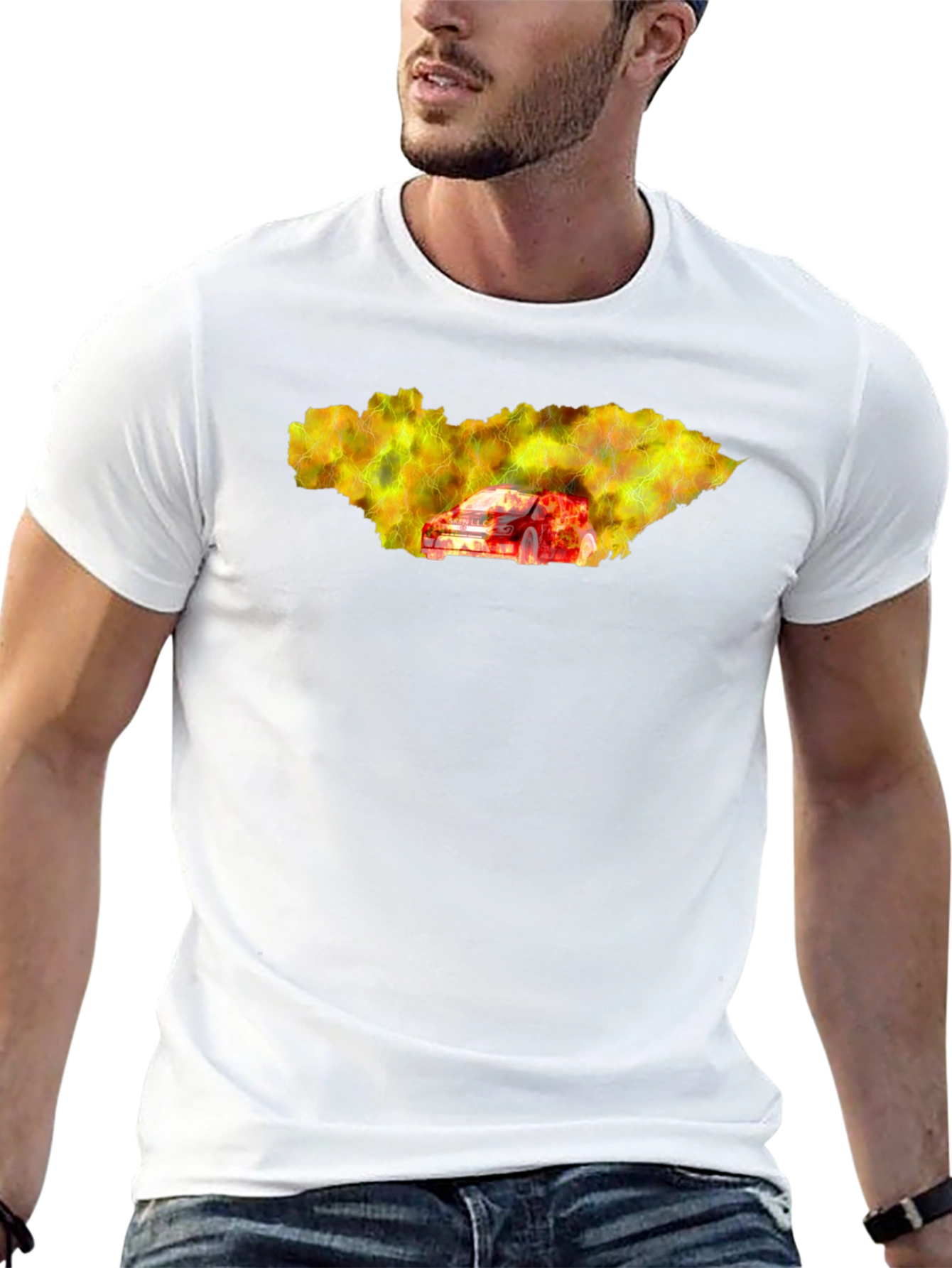 Camiseta Hombre Negra con Diseño de Coche en Llamas