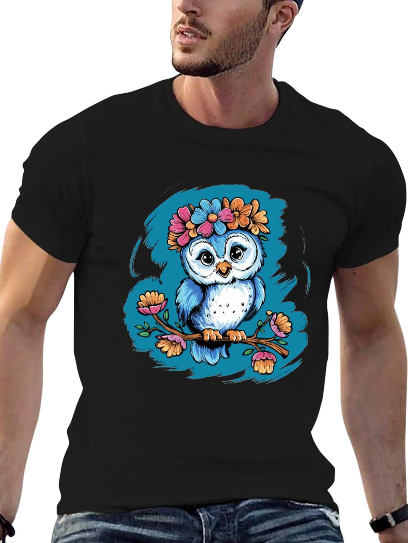 Camiseta Negra con Búho Floral