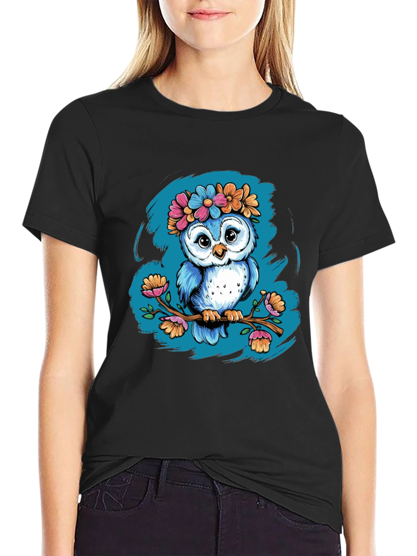 Camiseta Negra con Búho Floral