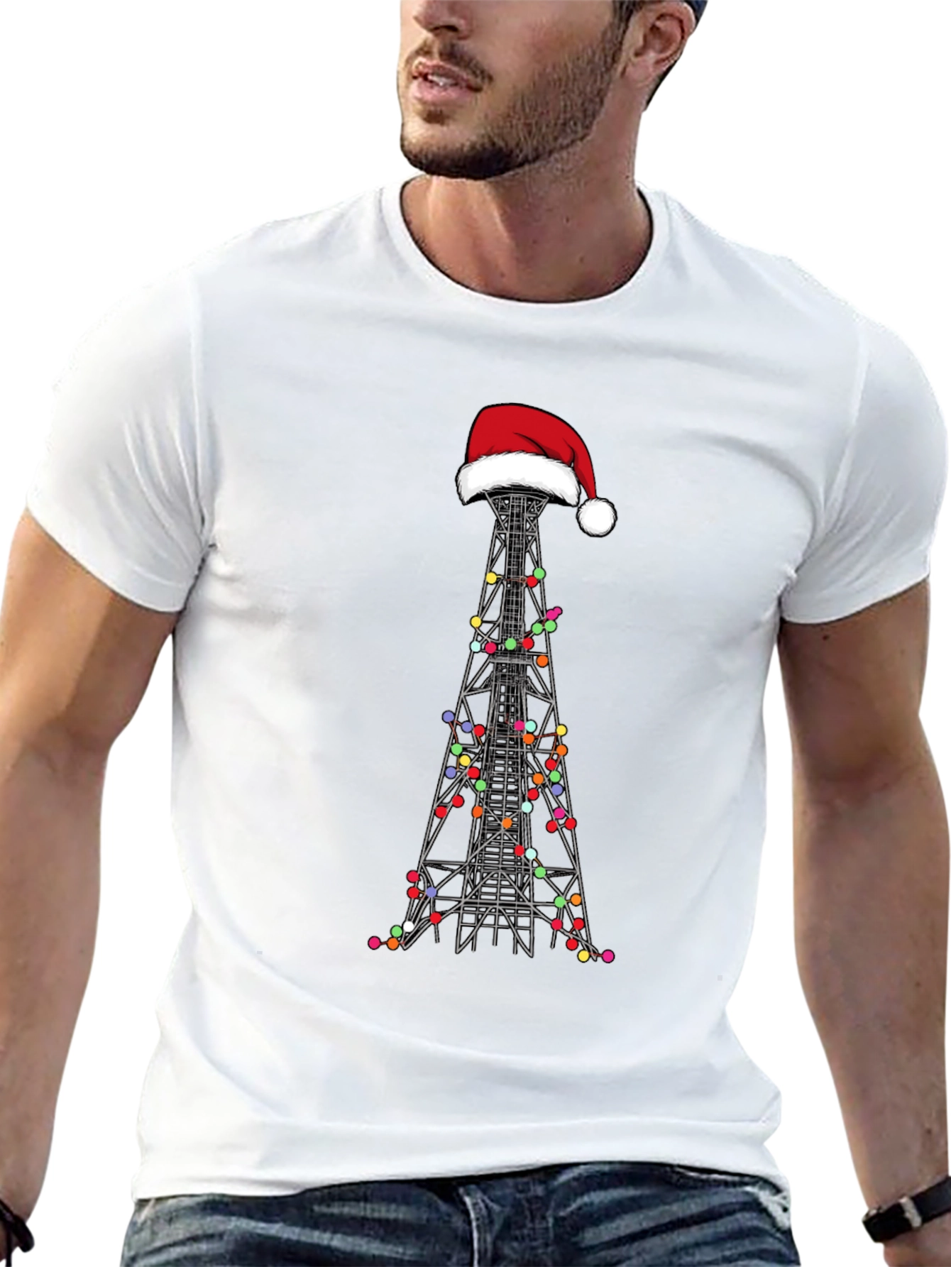 Camiseta Negra Navideña con Torre de Radio