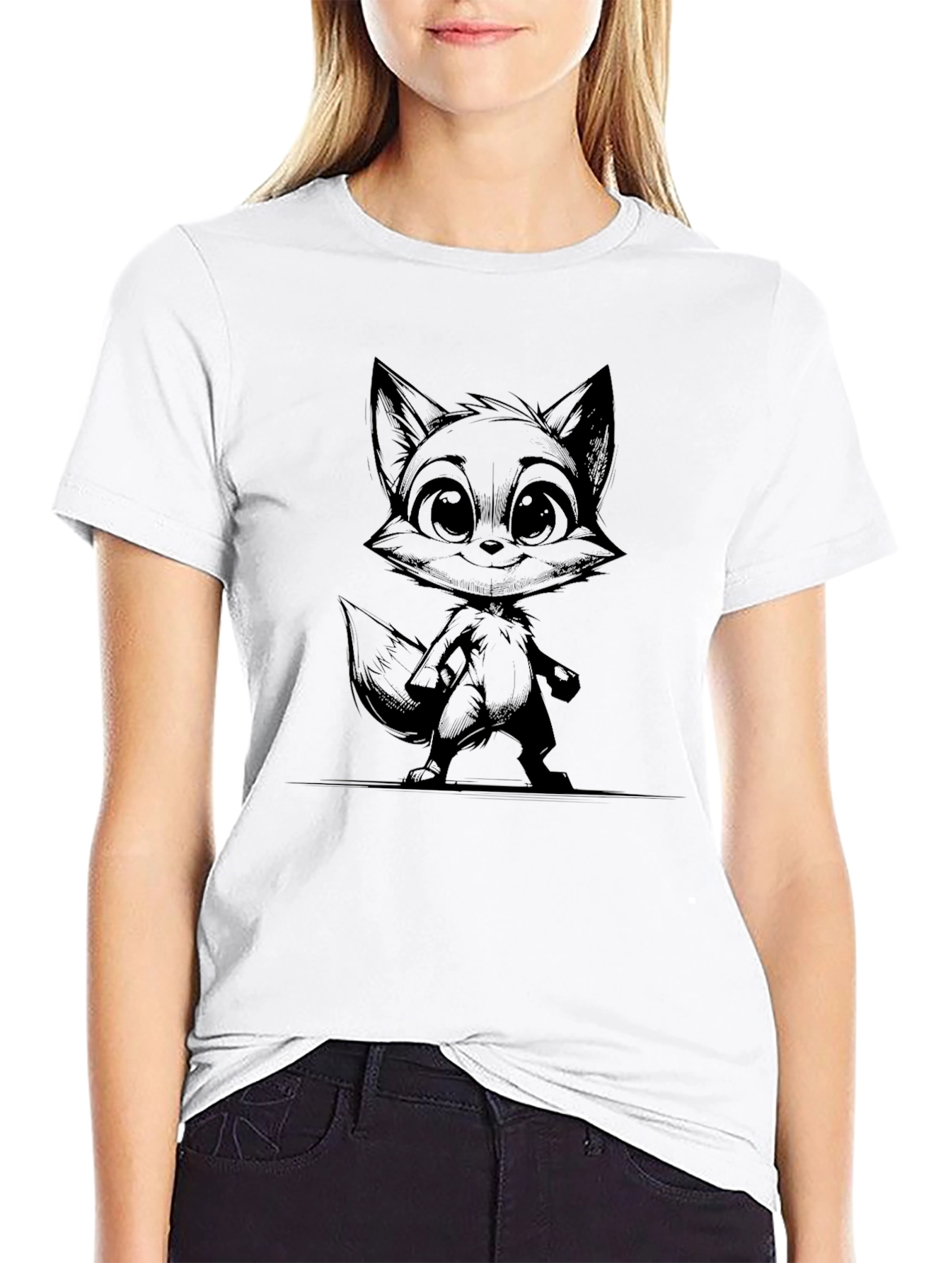 Camiseta Negra con Dibujo de Zorro Caricatura