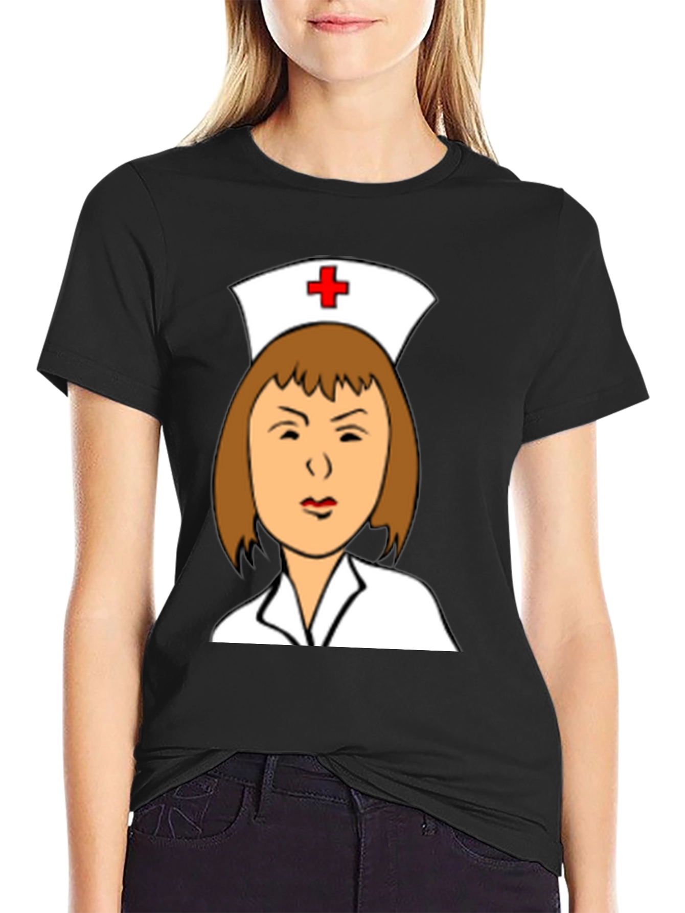 Camiseta Negra con Dibujo de Enfermera
