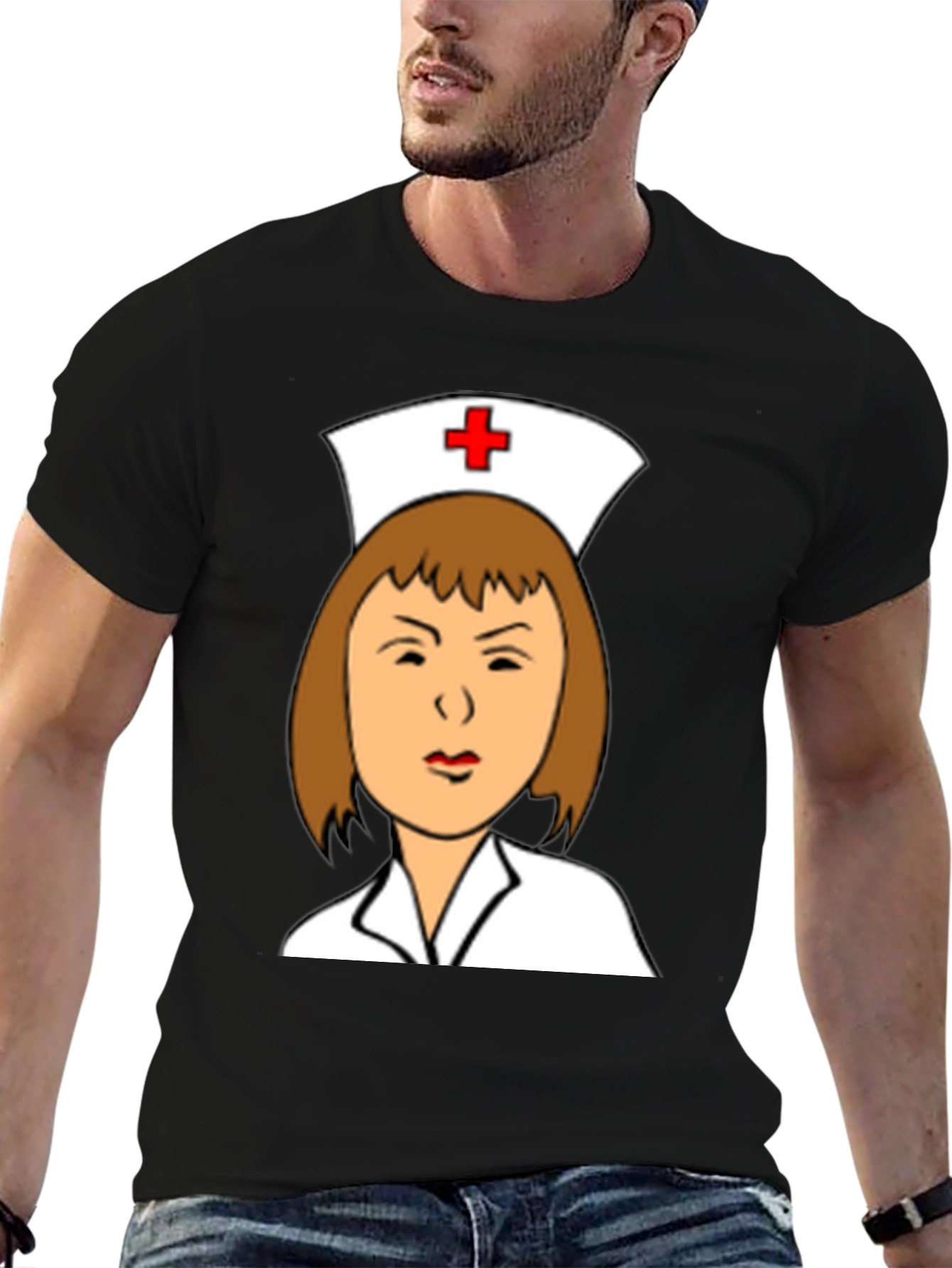 Camiseta Negra con Dibujo de Enfermera