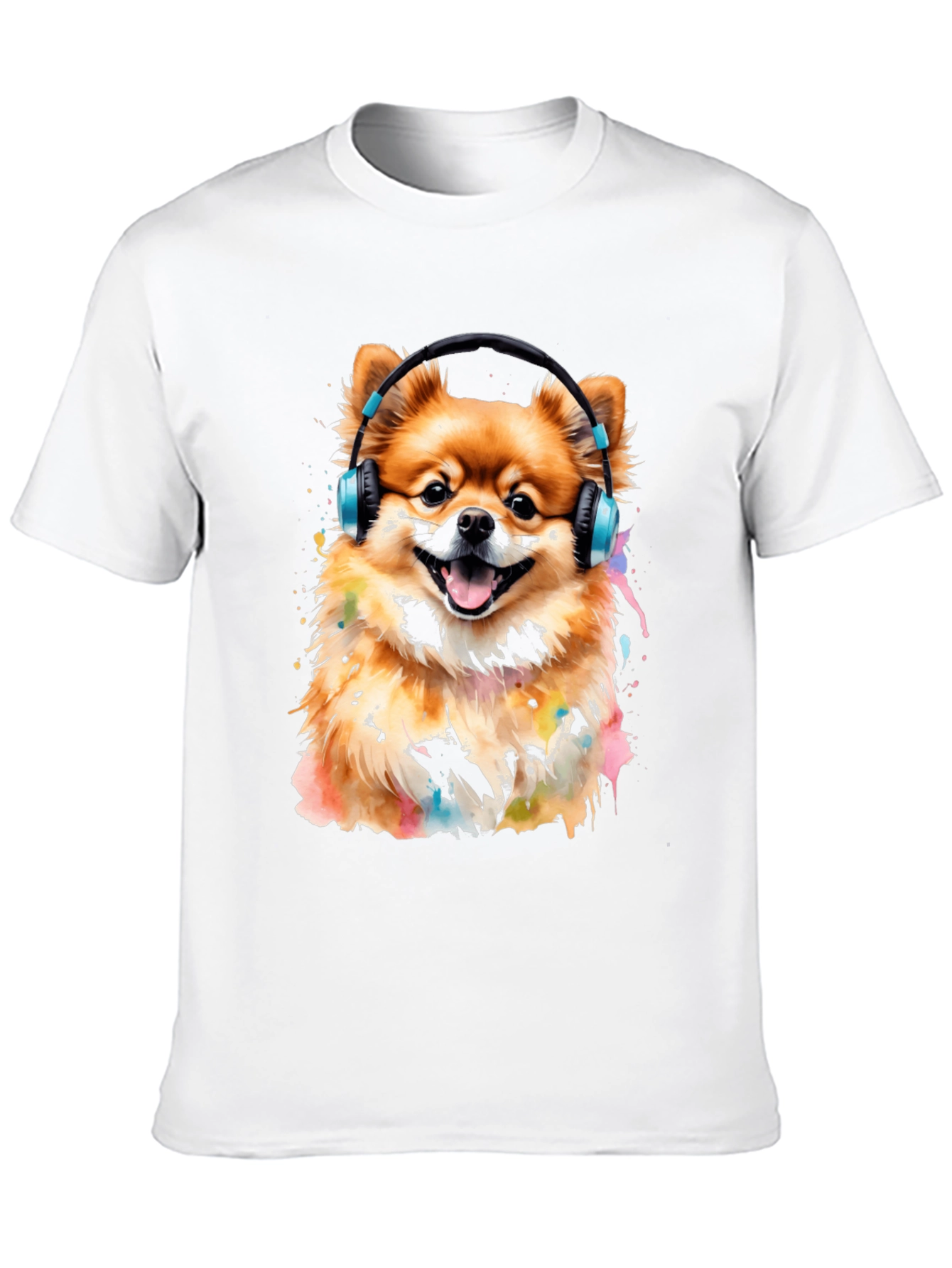 Camiseta Negra con Diseño de Perro Pomerania con Audífonos