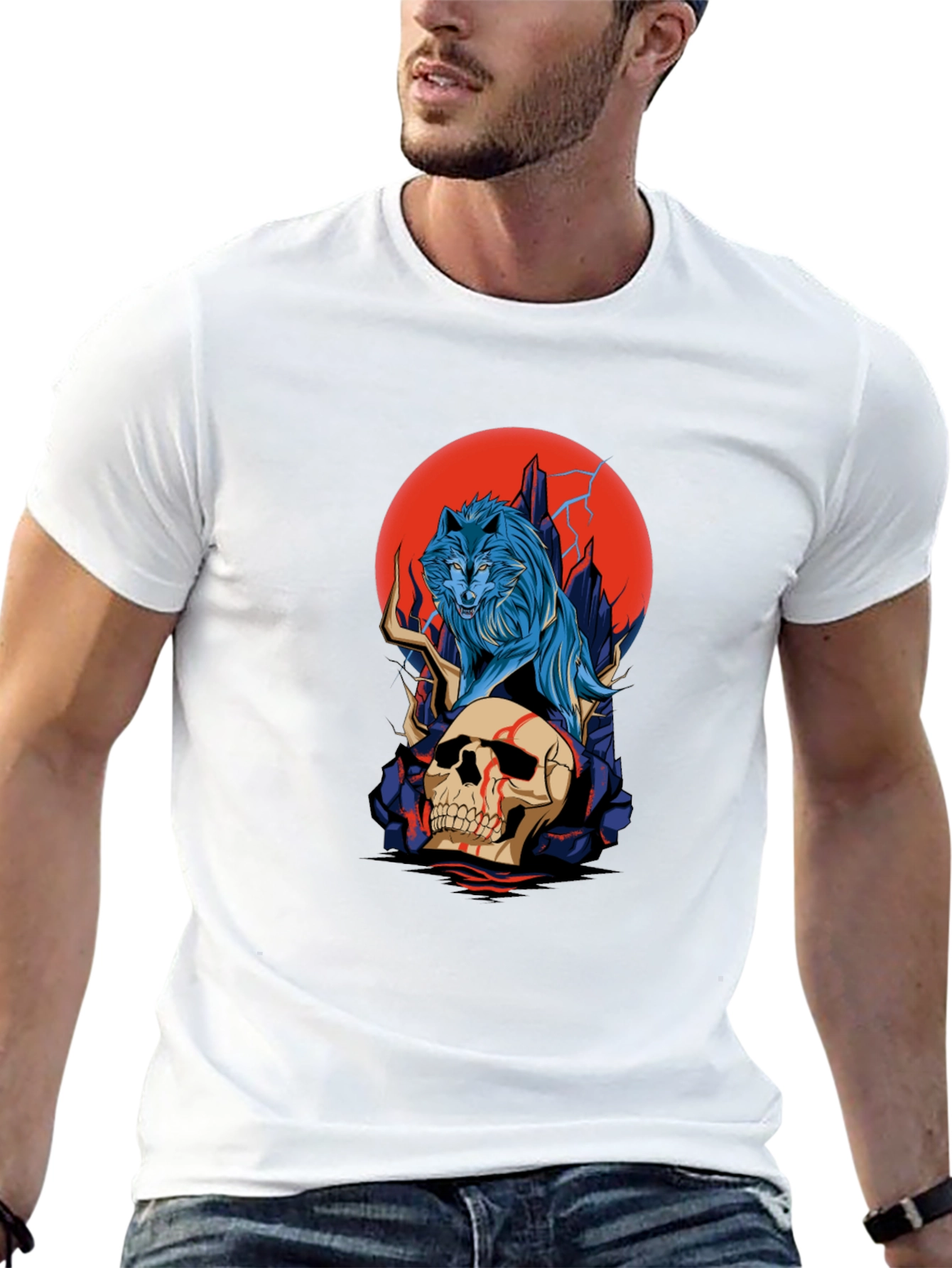 Camiseta Negra: Lobo y Cráneo con Luna Roja