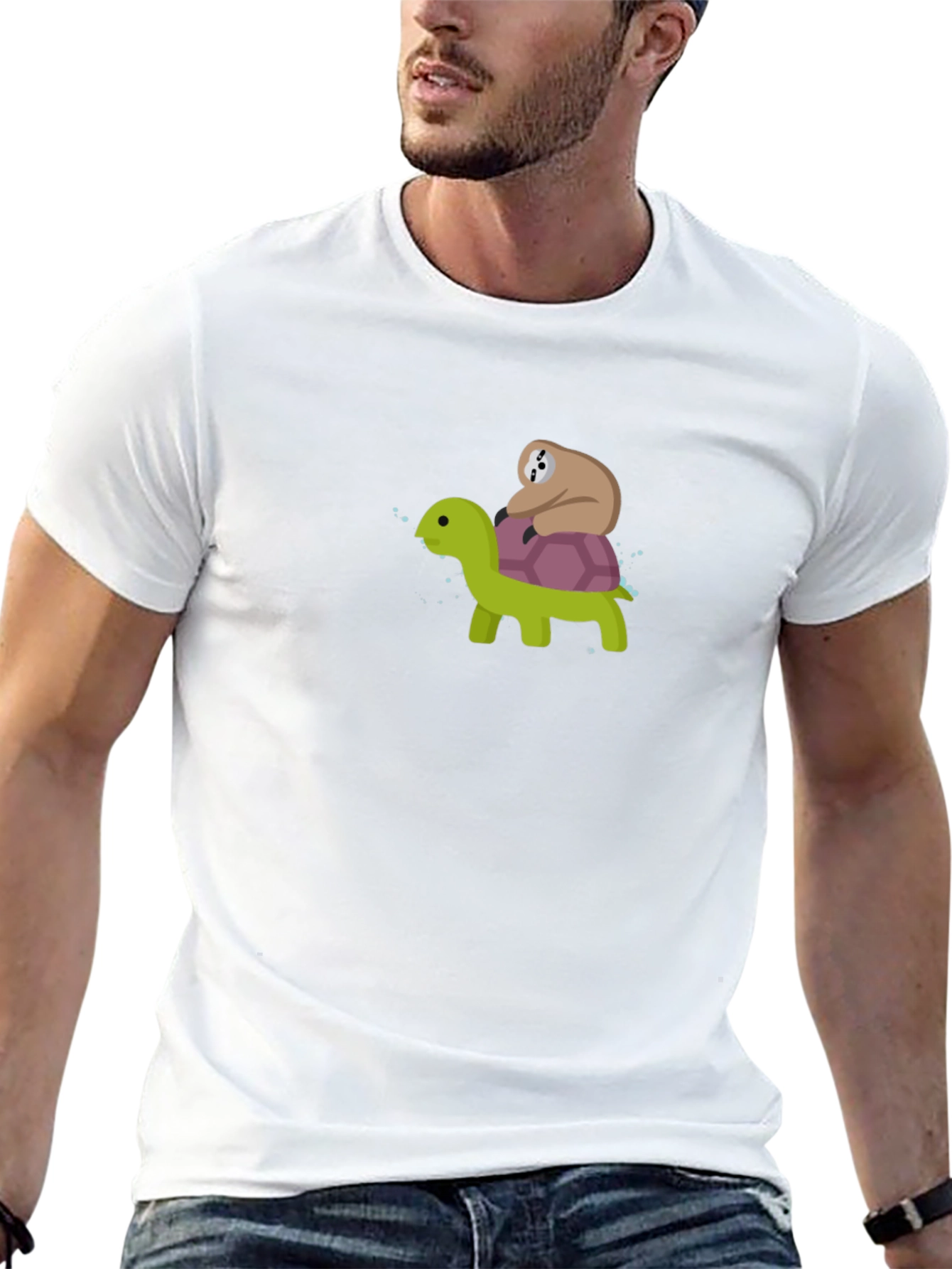 Camiseta Negra con Dibujo de Tortuga y Perezoso