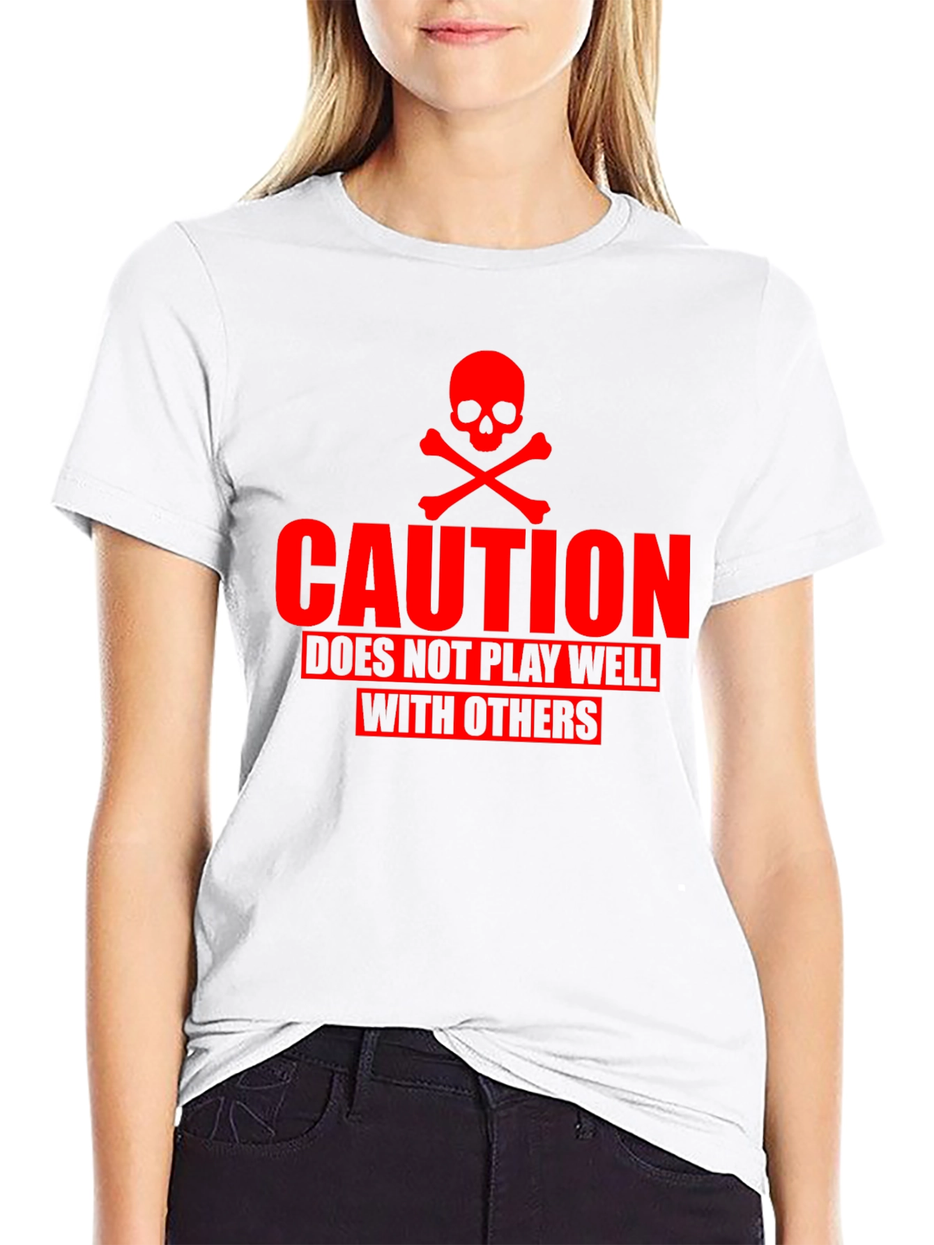 Camiseta Negra Caution Cráneo Rojo