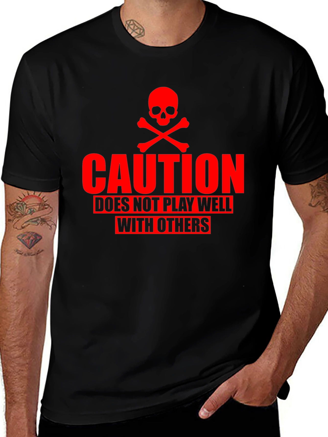 Camiseta Negra Caution Cráneo Rojo