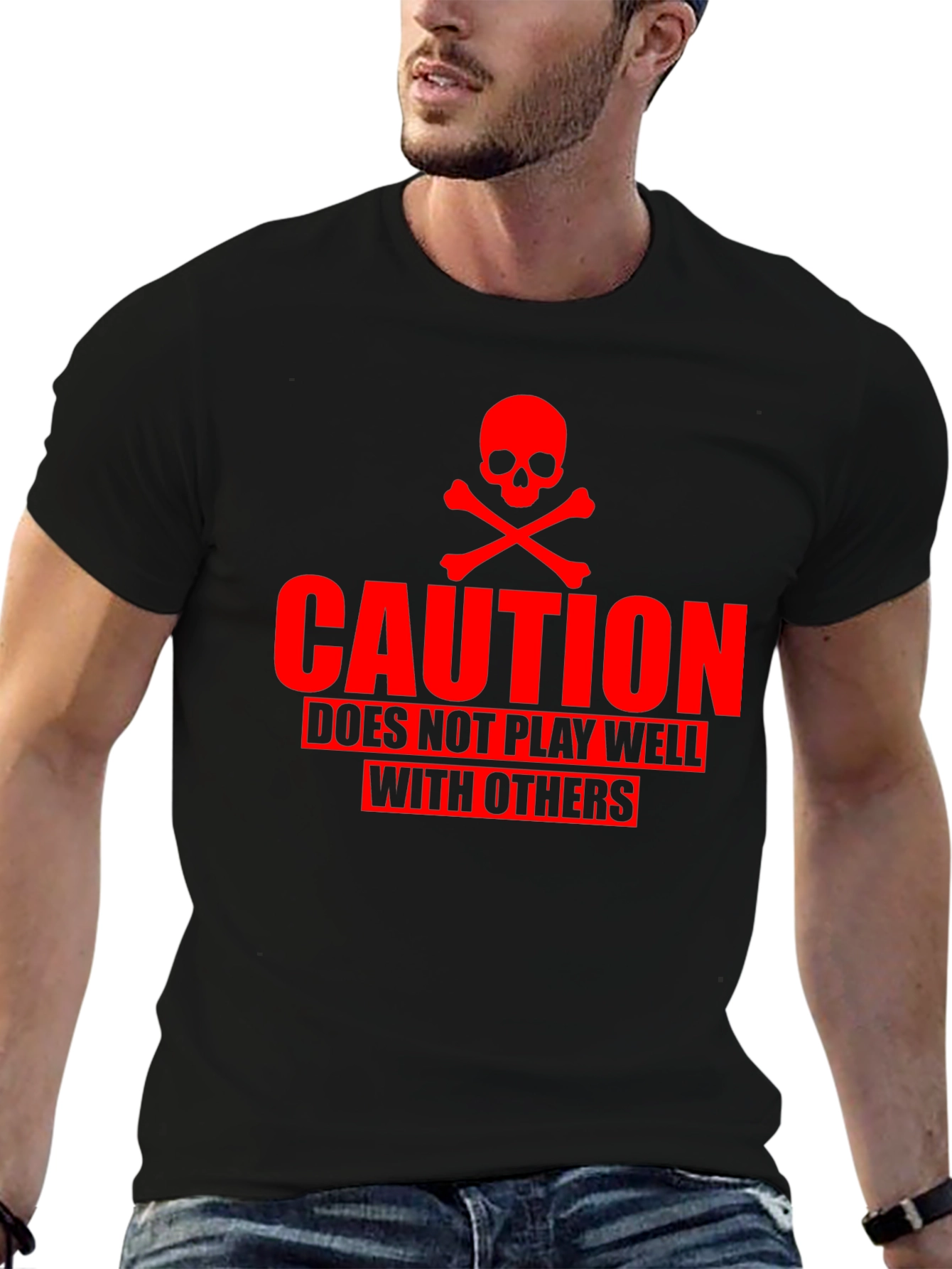 Camiseta Negra Caution Cráneo Rojo