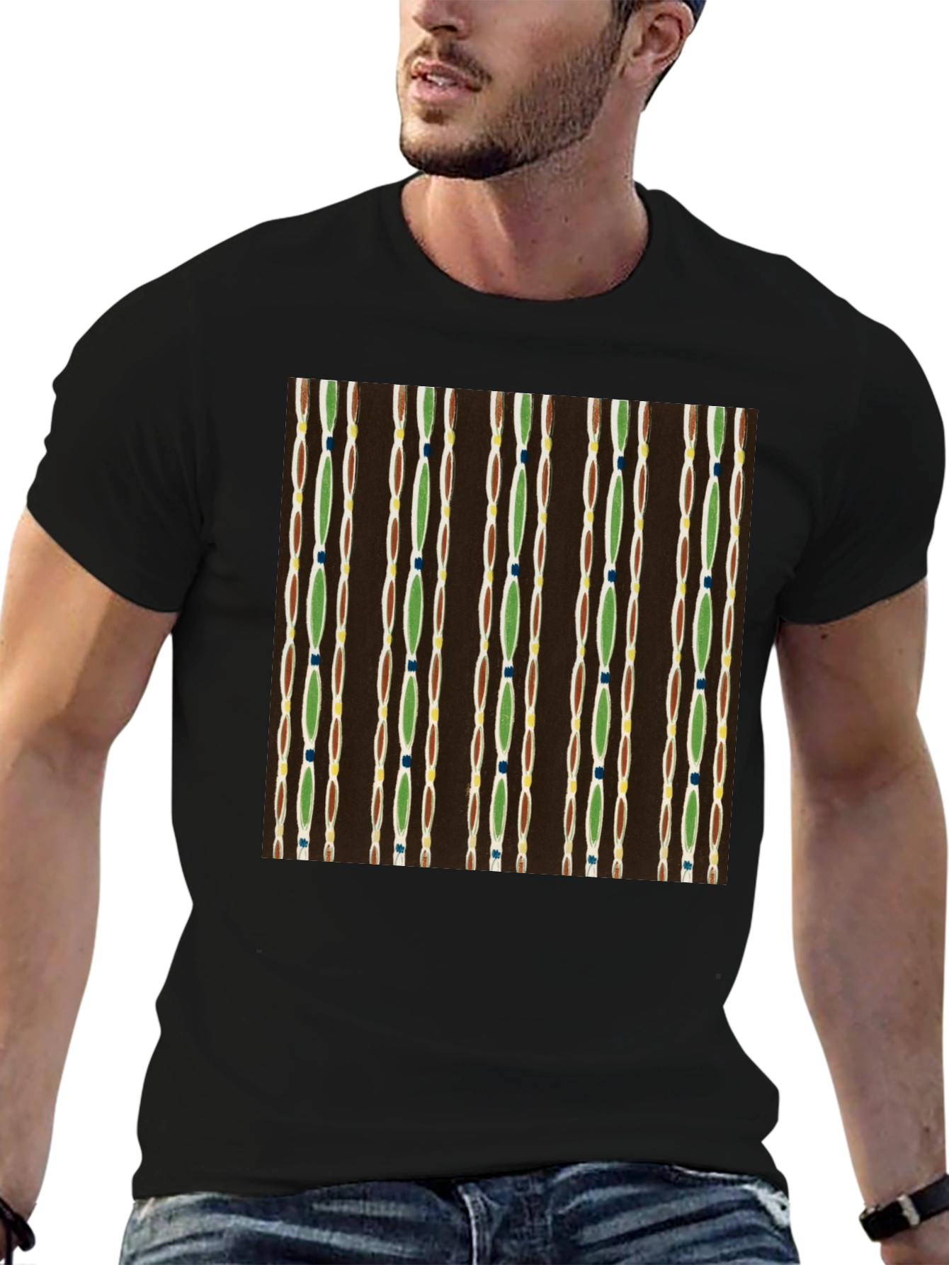Camiseta Negra con Diseño Abstracto de Líneas Verticales