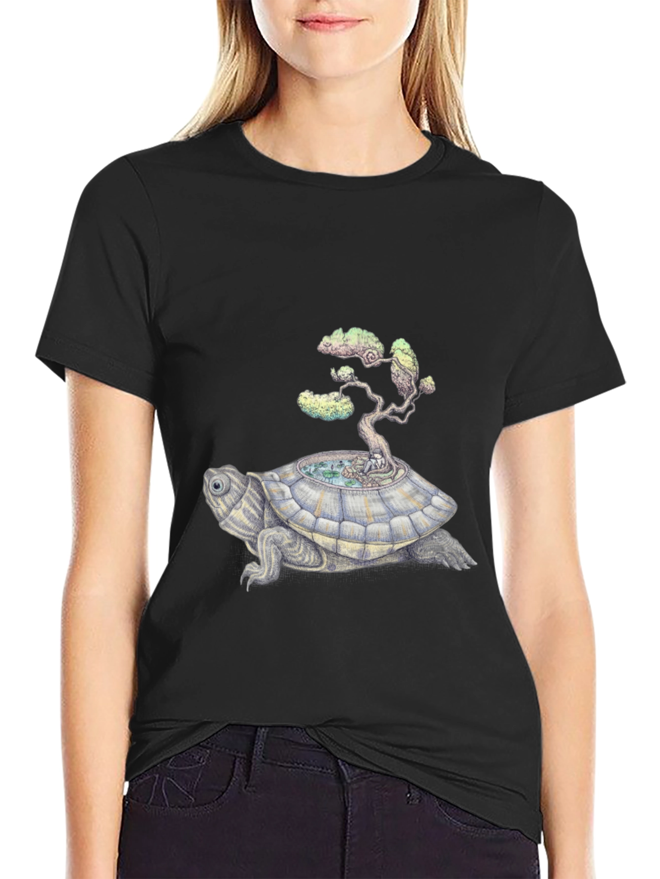 Camiseta Negra: Tortuga con Árbol Bonsái