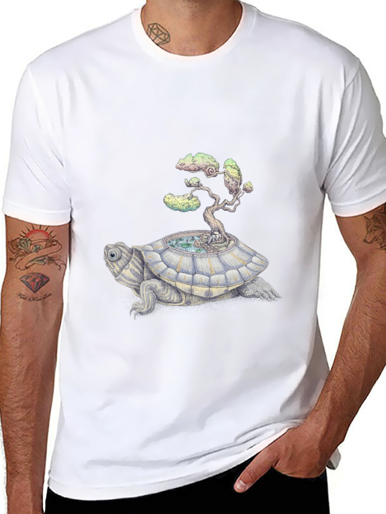 Camiseta Negra: Tortuga con Árbol Bonsái