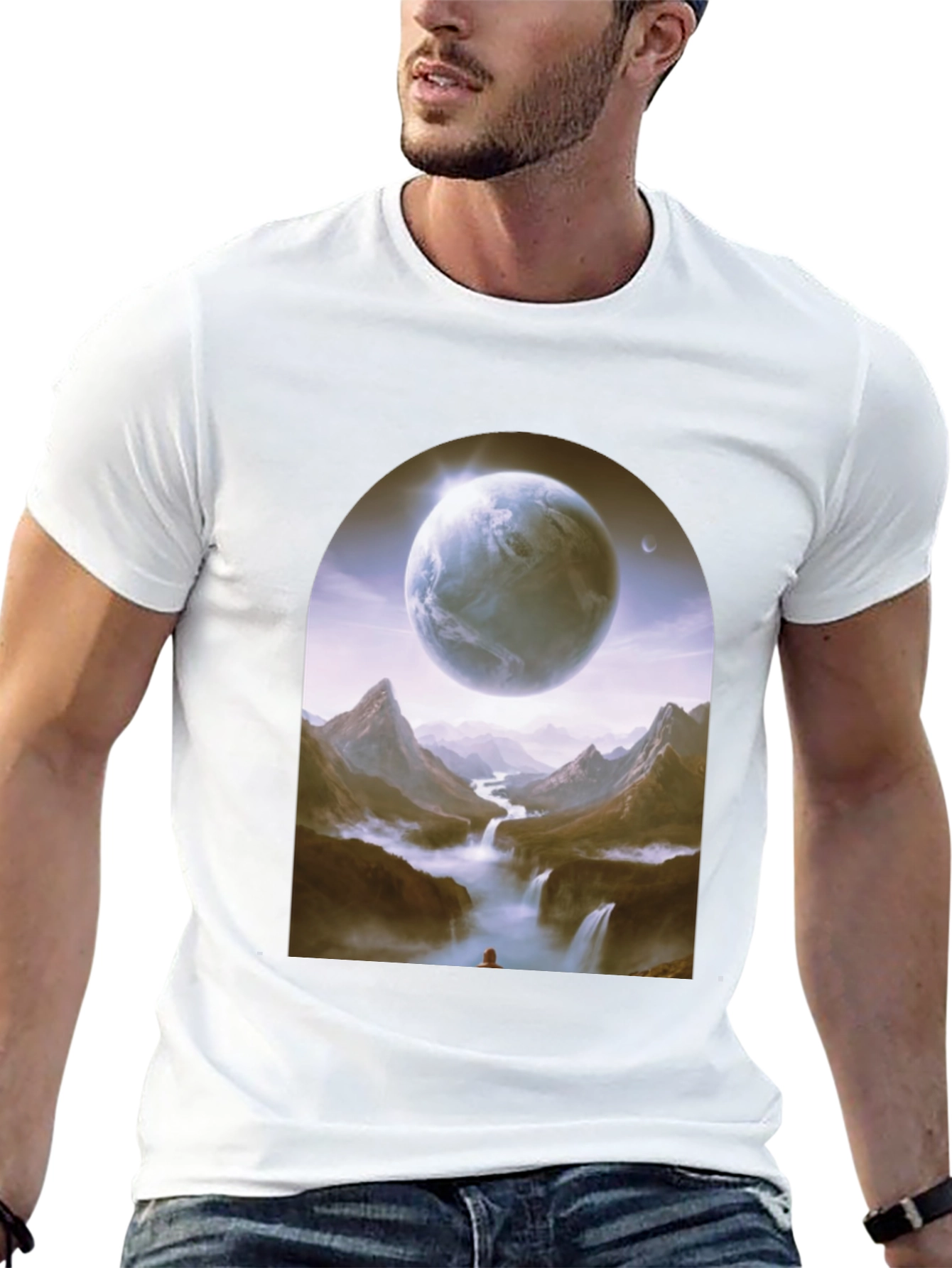 Camiseta Negra con Diseño Fantasía de Planeta y Paisaje