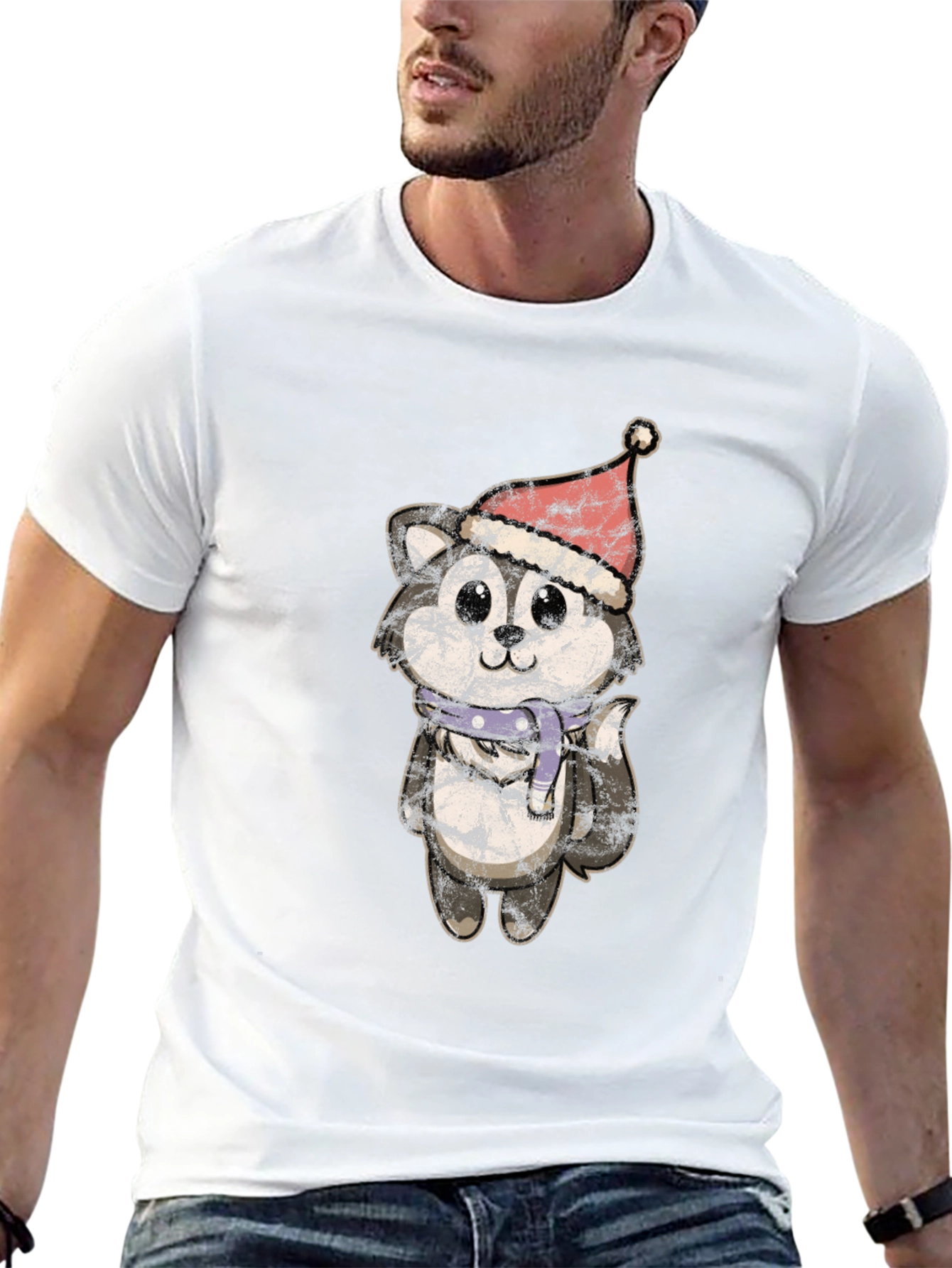 Camiseta Hombre Diseño Husky Navideño