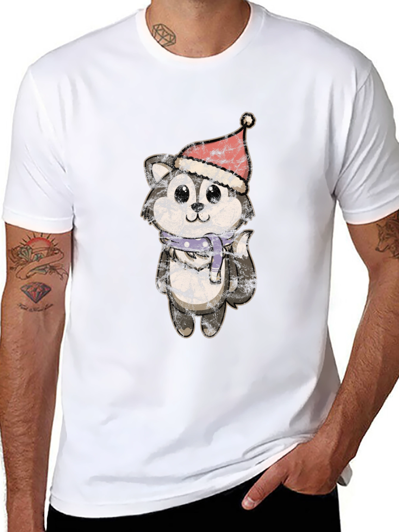Camiseta Hombre Diseño Husky Navideño