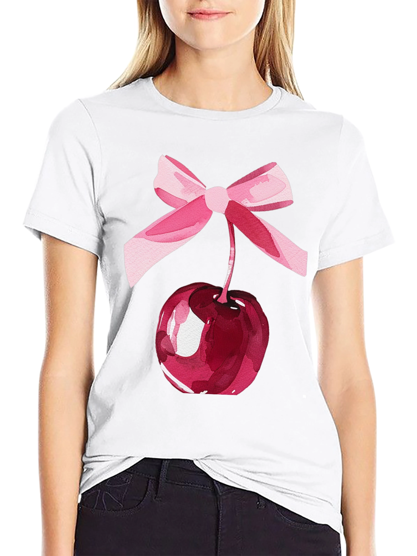 Camiseta Negra con Cereza y Lazo Rosa