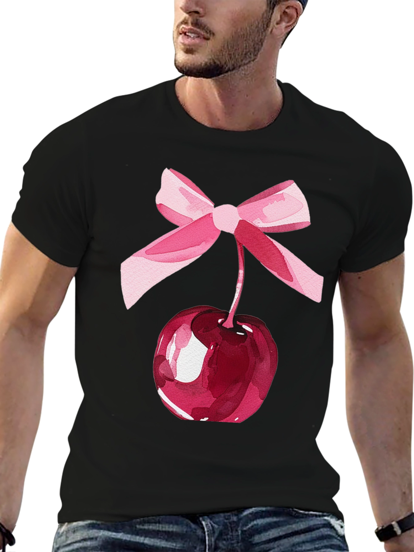 Camiseta Negra con Cereza y Lazo Rosa