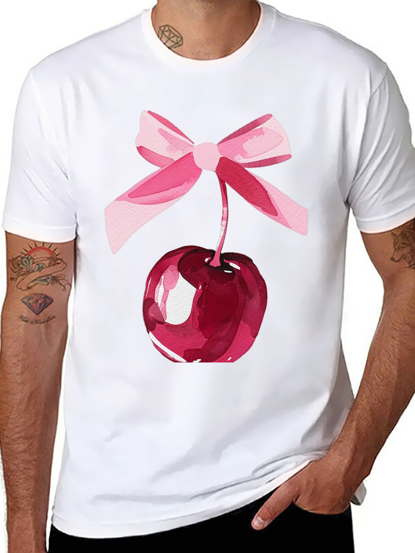 Camiseta Negra con Cereza y Lazo Rosa
