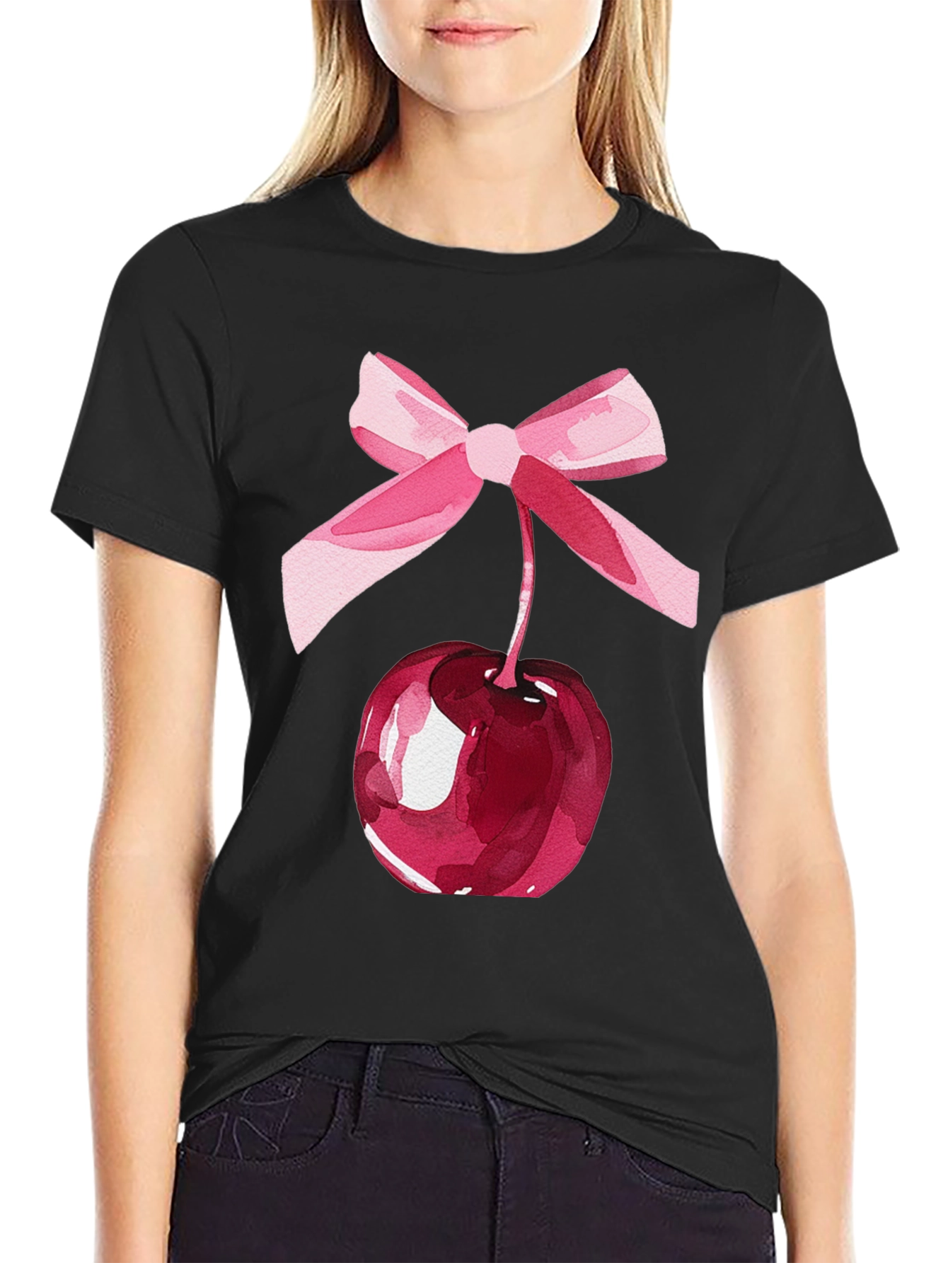 Camiseta Negra con Cereza y Lazo Rosa