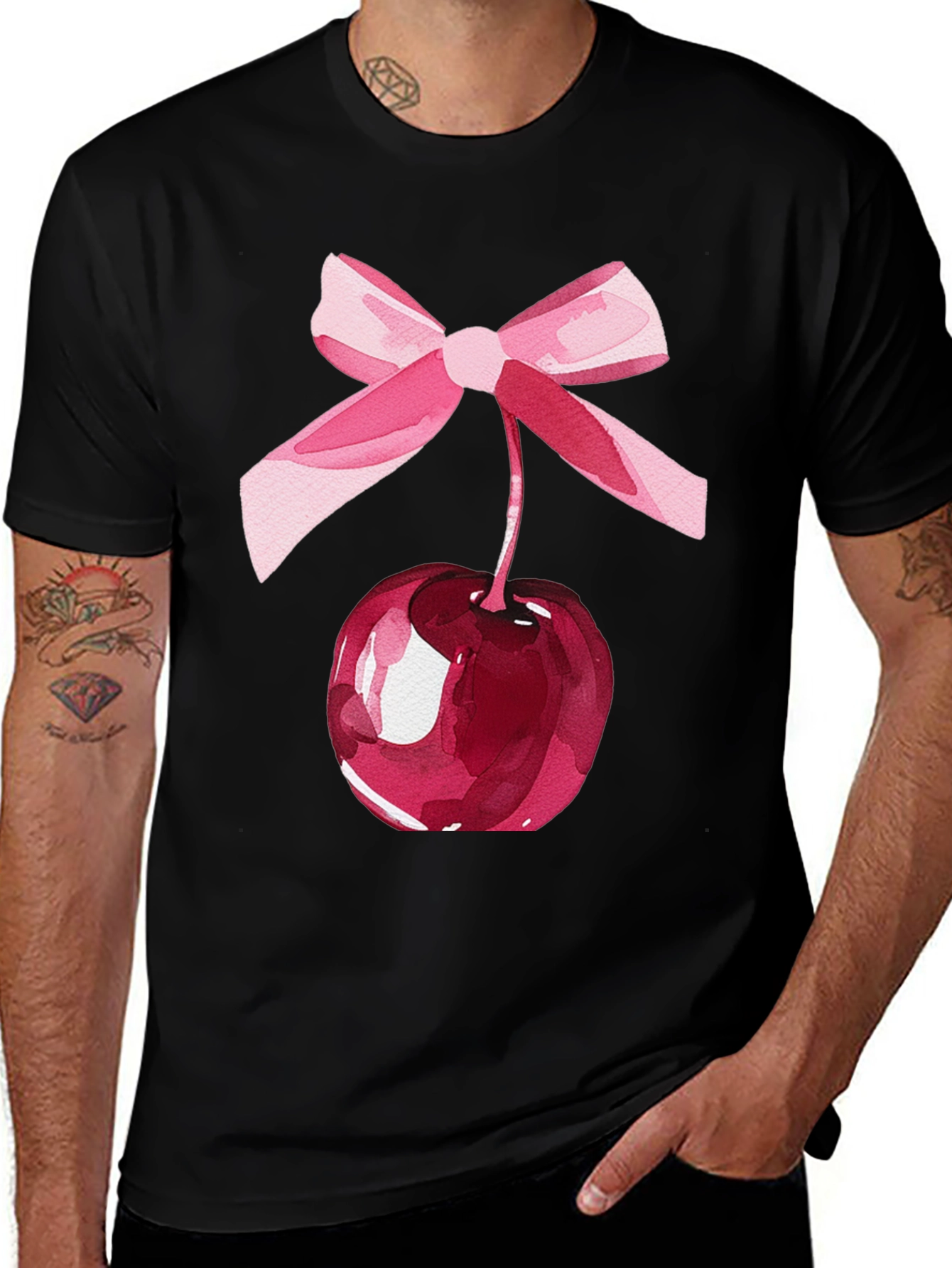 Camiseta Negra con Cereza y Lazo Rosa