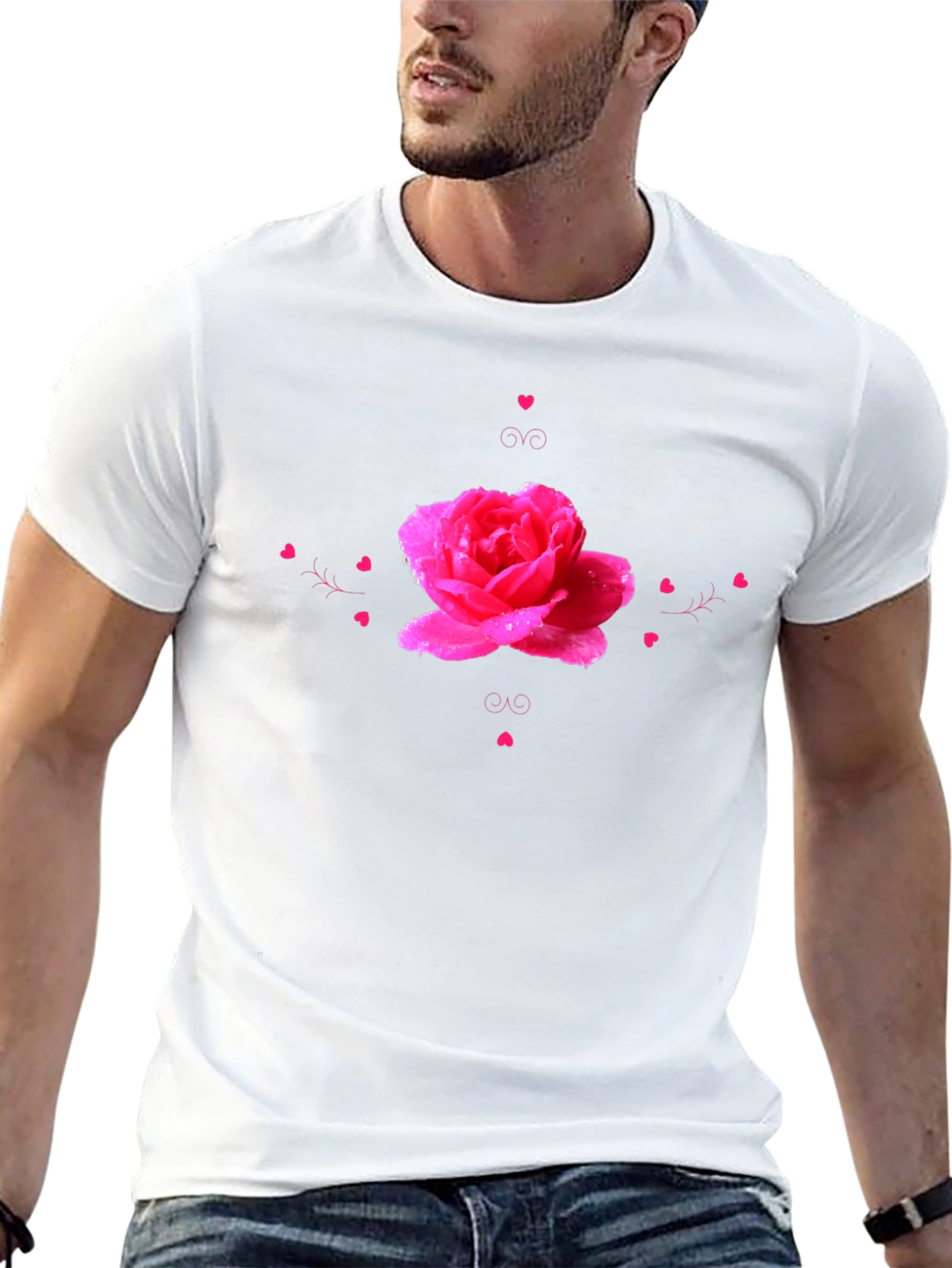 Camiseta Negra con Diseño de Rosa Romántica