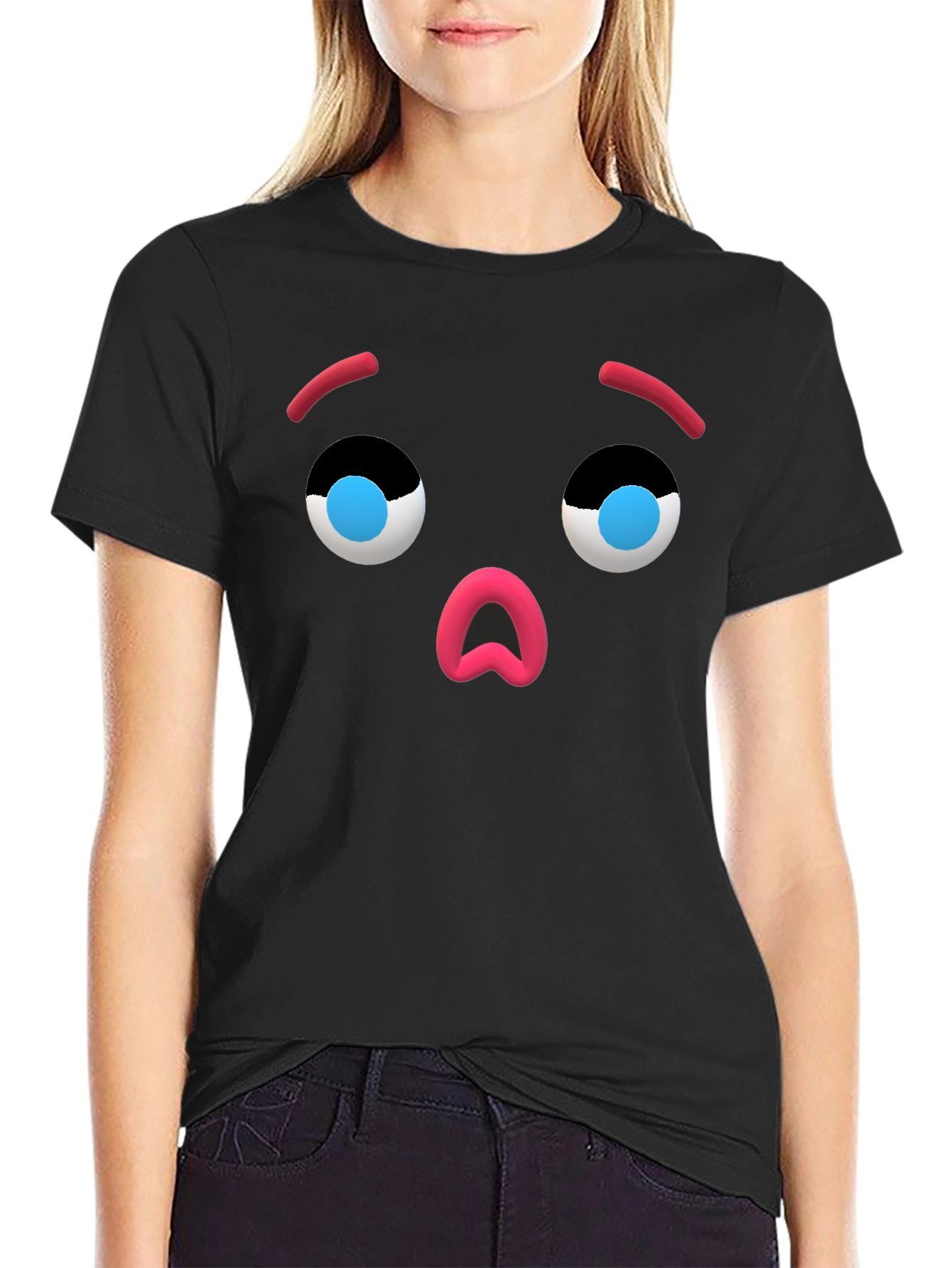 Camiseta Negra con Cara de Emoji Sorprendido