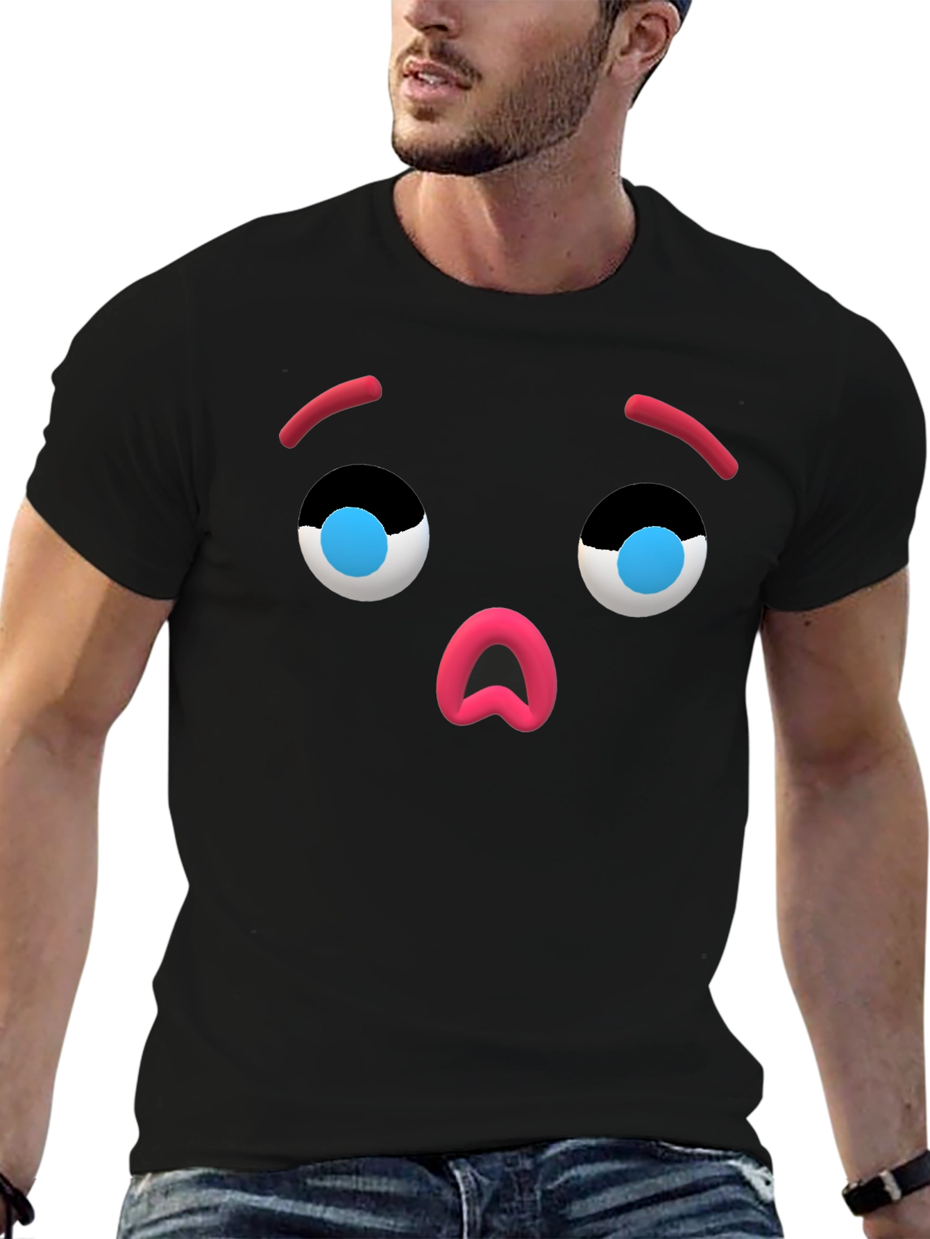 Camiseta Negra con Cara de Emoji Sorprendido