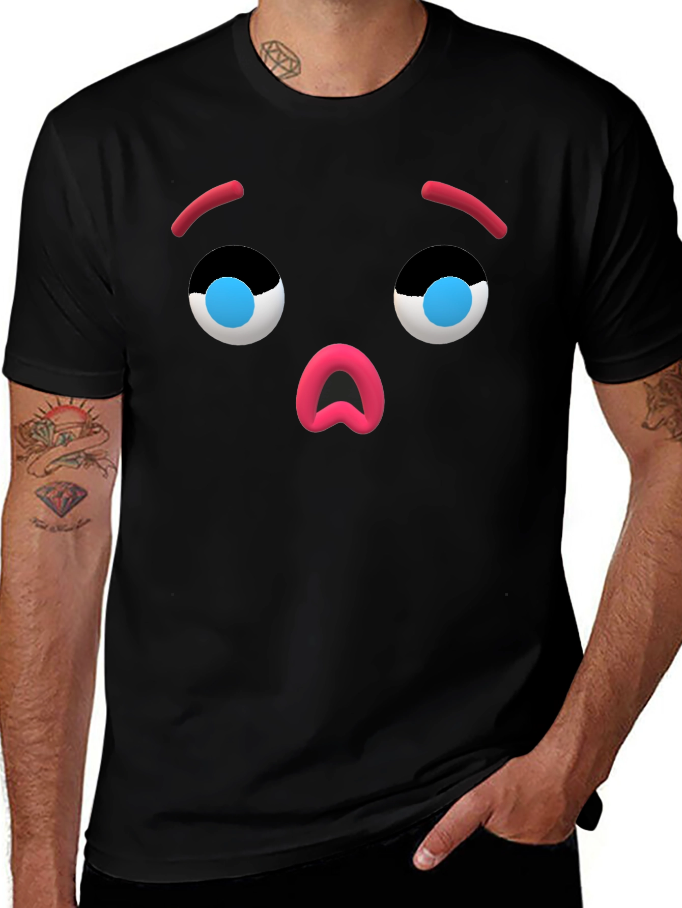 Camiseta Negra con Cara de Emoji Sorprendido