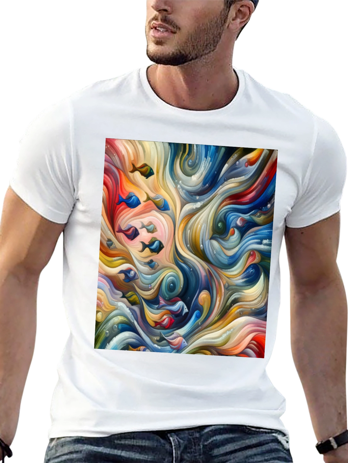 Camiseta Negra con Diseño Abstracto de Peces
