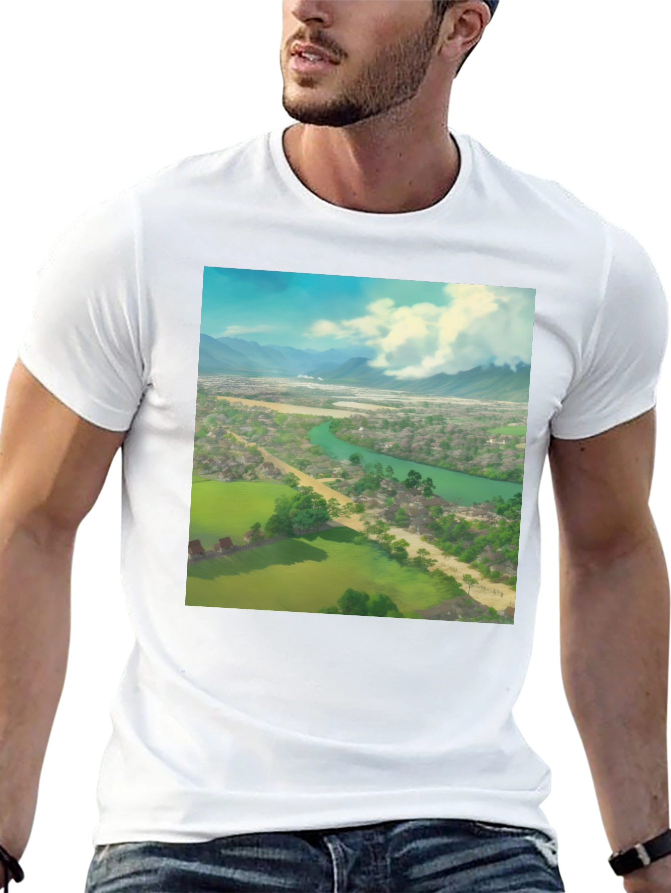 Camiseta Negra con Diseño de Paisaje Impresionante
