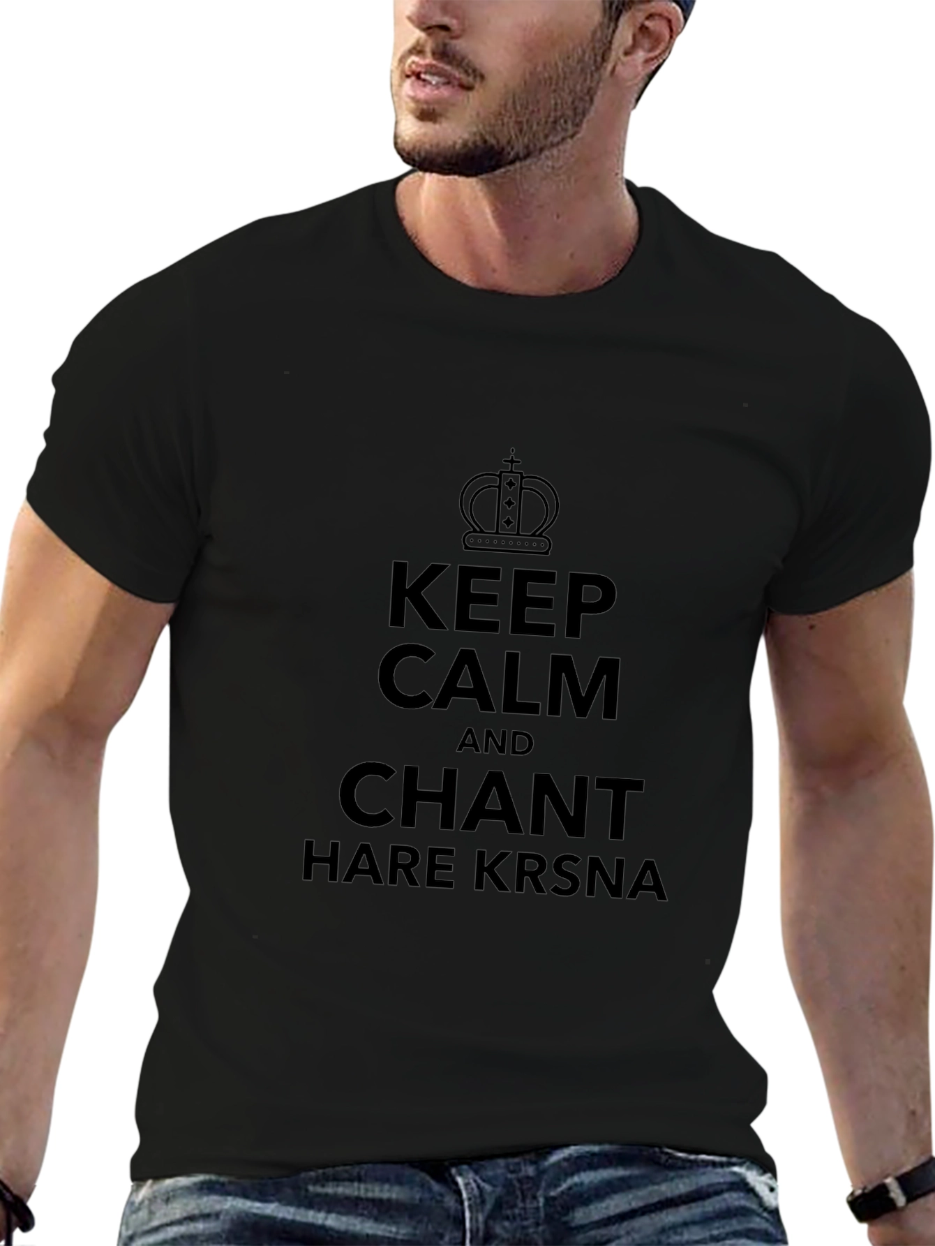 Camiseta Negra: Keep Calm and Chant Hare Krsna