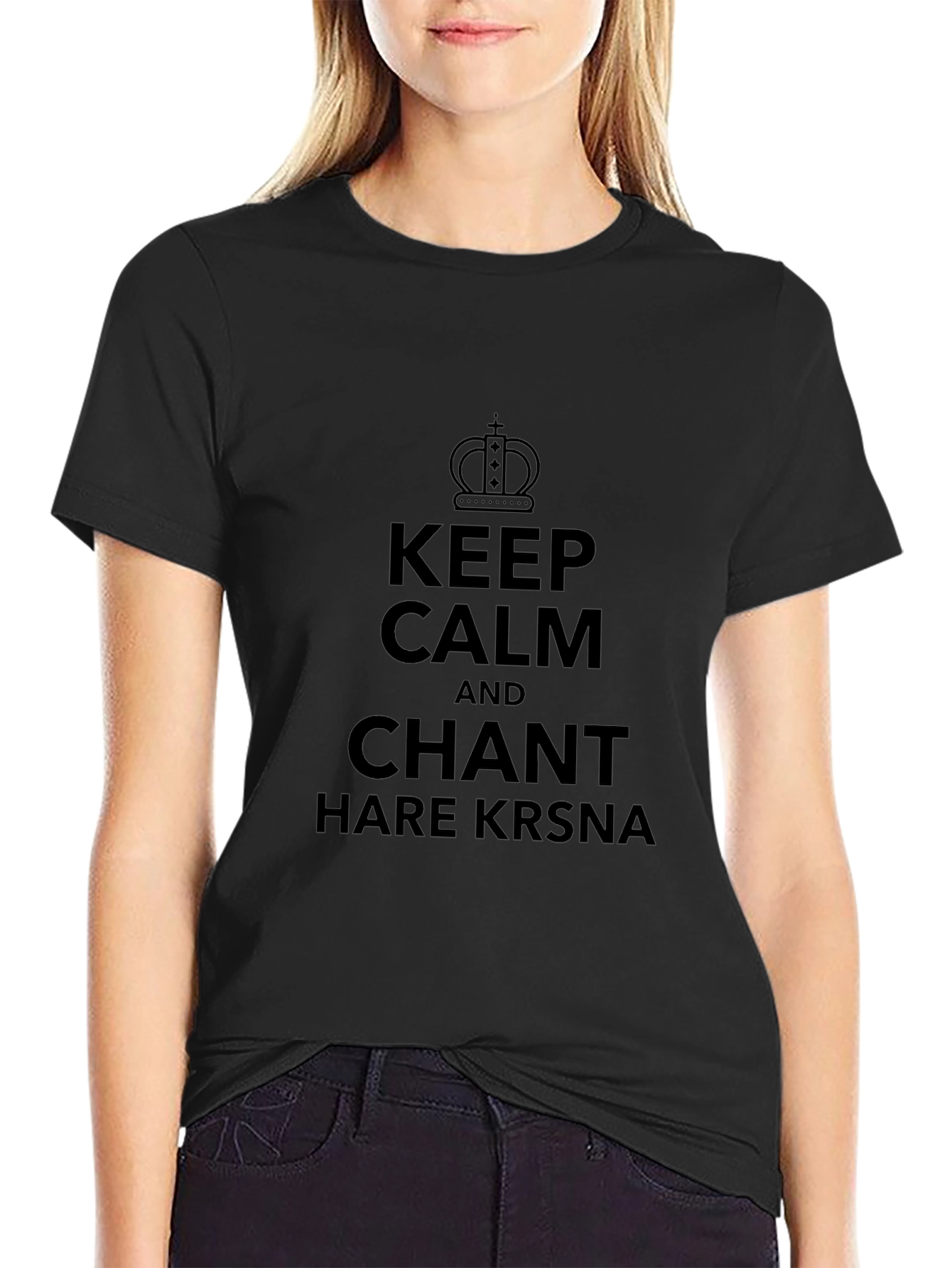 Camiseta Negra: Keep Calm and Chant Hare Krsna