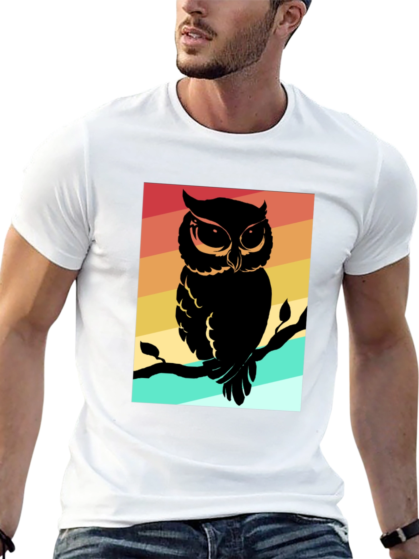 Camiseta Negra con Estampado de Búho Retro