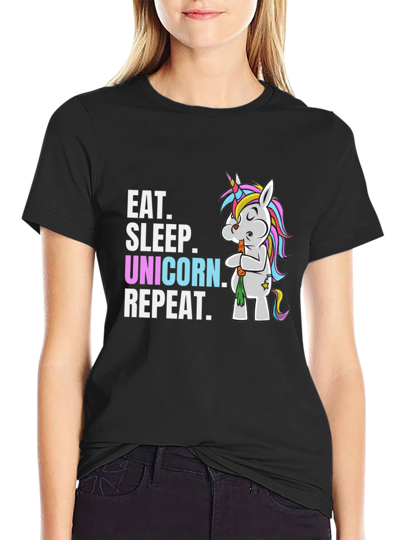 Camiseta Negra Come Duerme Unicornio Repite