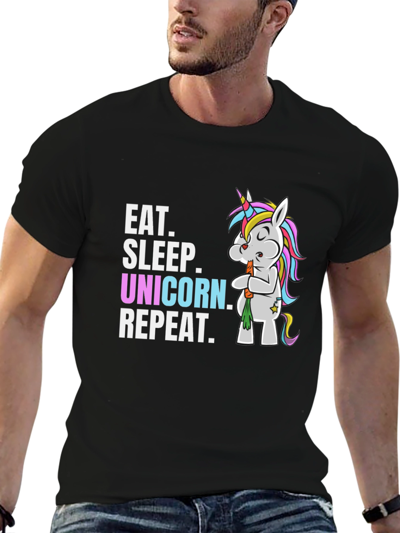 Camiseta Negra Come Duerme Unicornio Repite