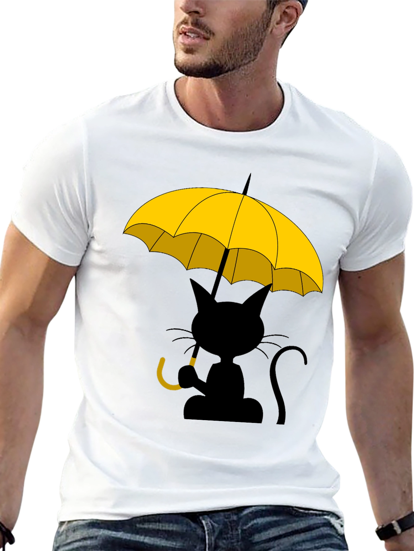Camiseta Negra con Gato y Paraguas Amarillo