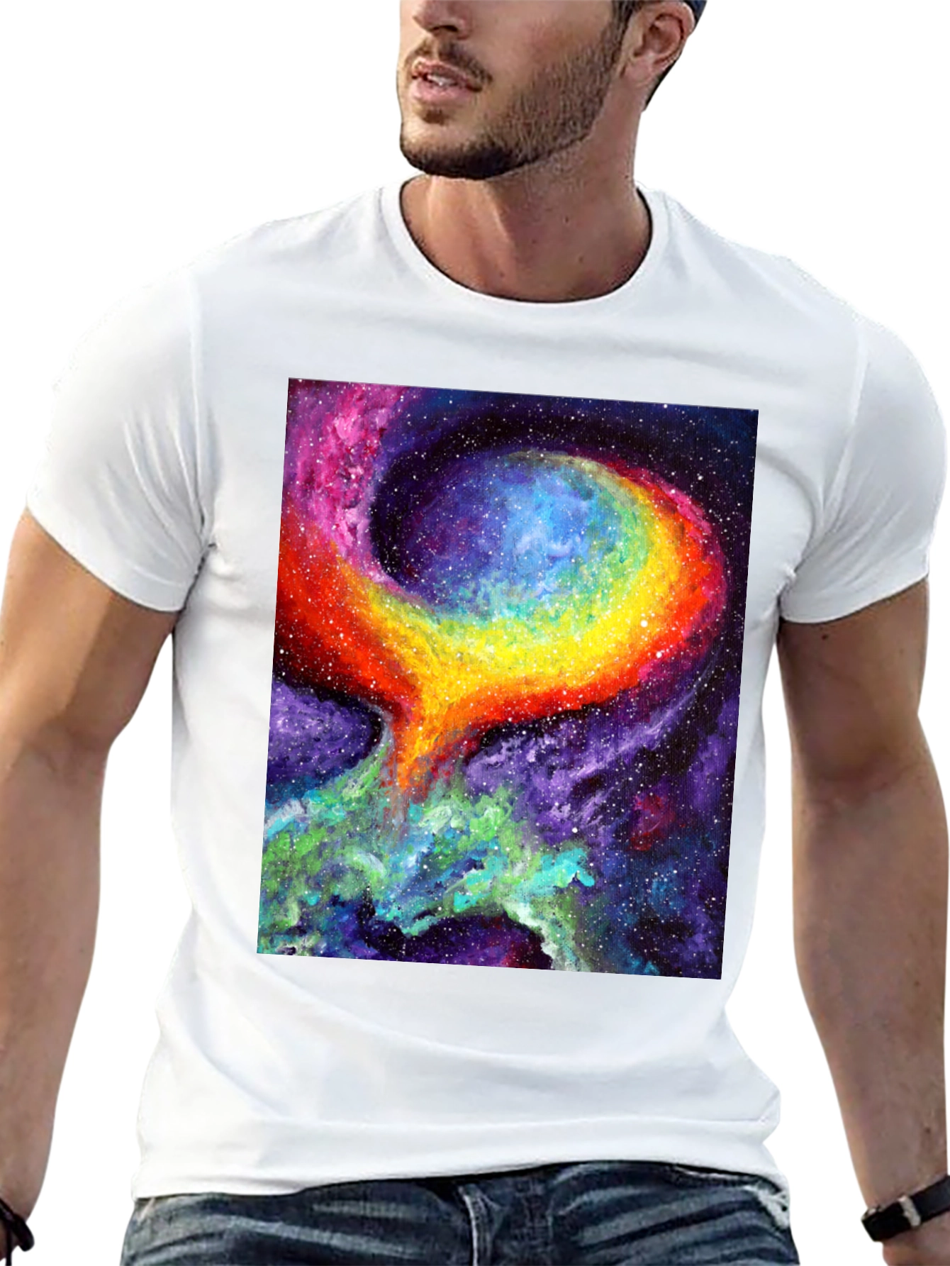 Camiseta Negra con Diseño de Galaxia Psicodélica
