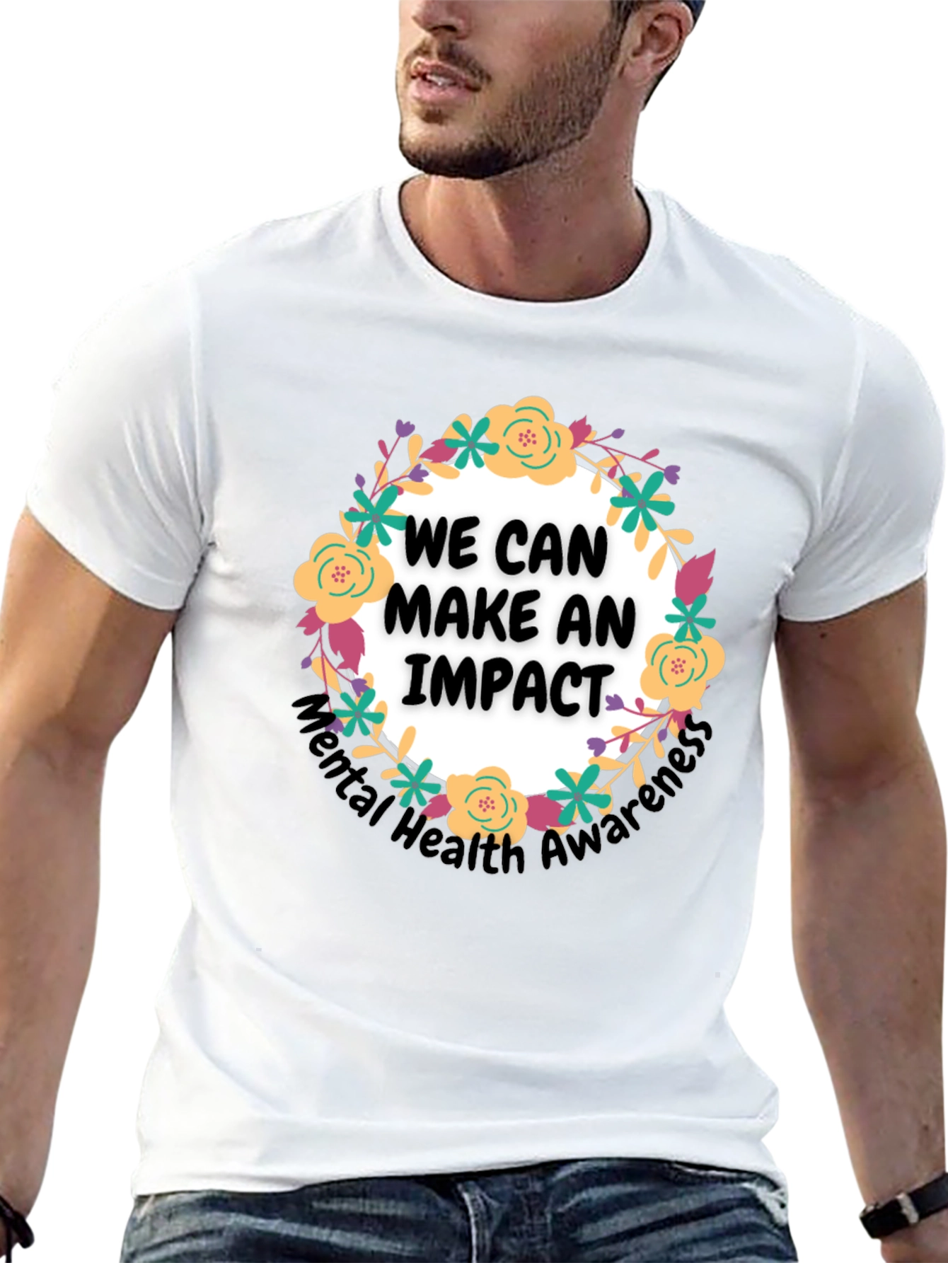 Camiseta Negra con Diseño Floral Impacto Salud Mental