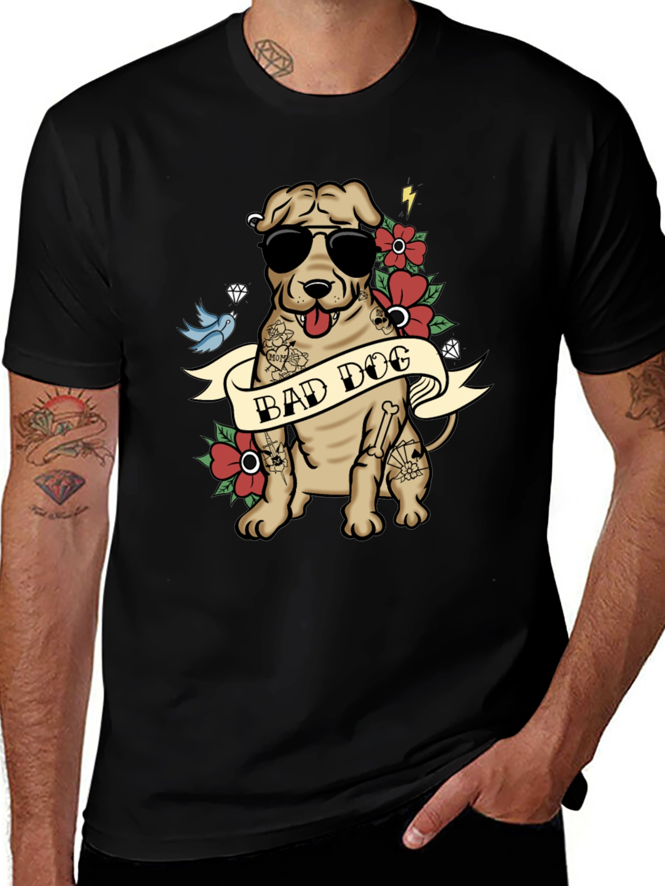Camiseta Negra Perro Malo con Diseño Tatuaje