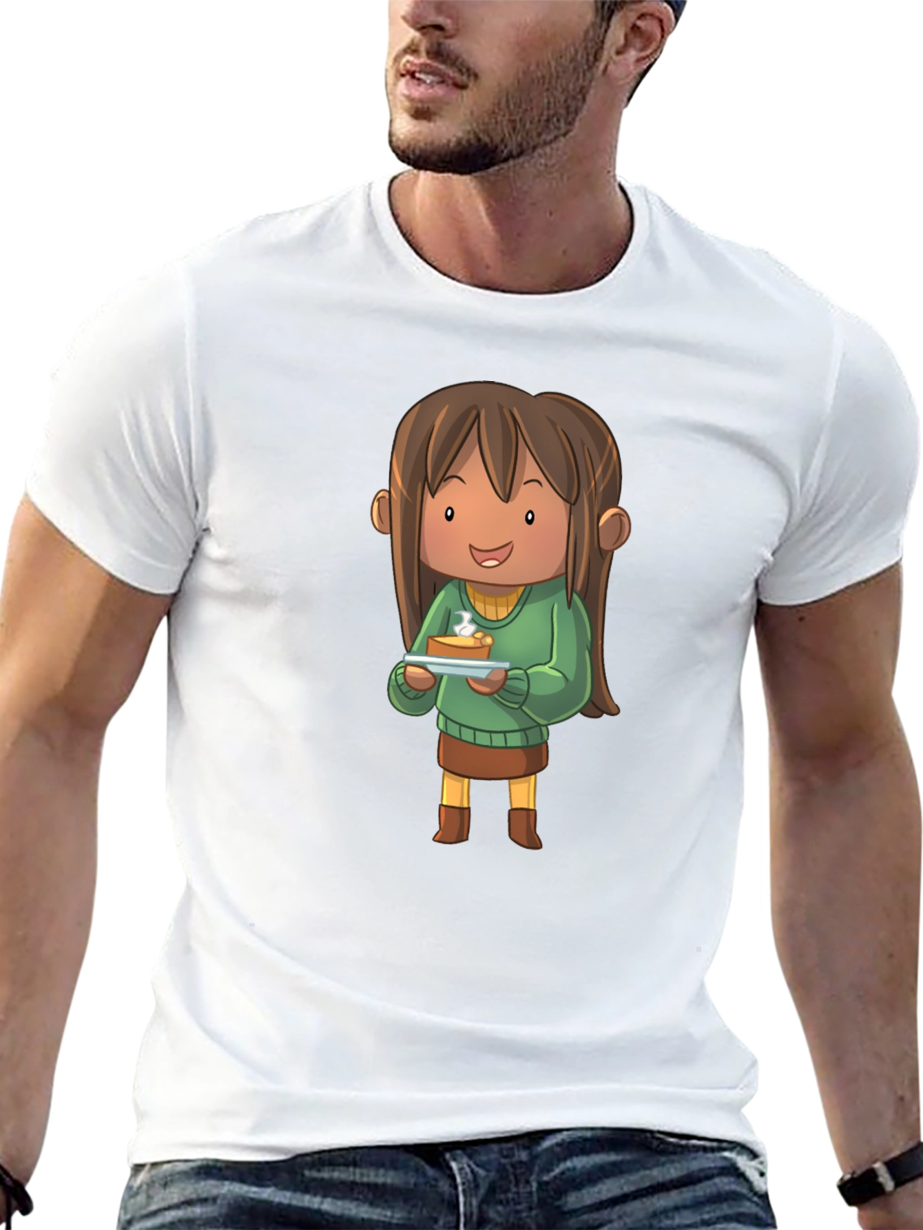 Camiseta Negra con Diseño de Personaje Animado con Tarta