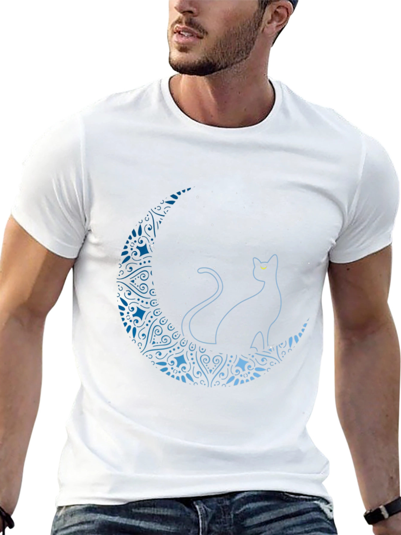 Camiseta Negra con Diseño de Gato y Luna Azul