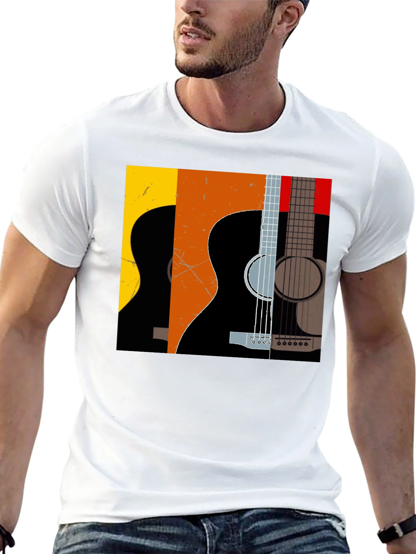 Camiseta Negra con Diseño de Guitarras Abstractas