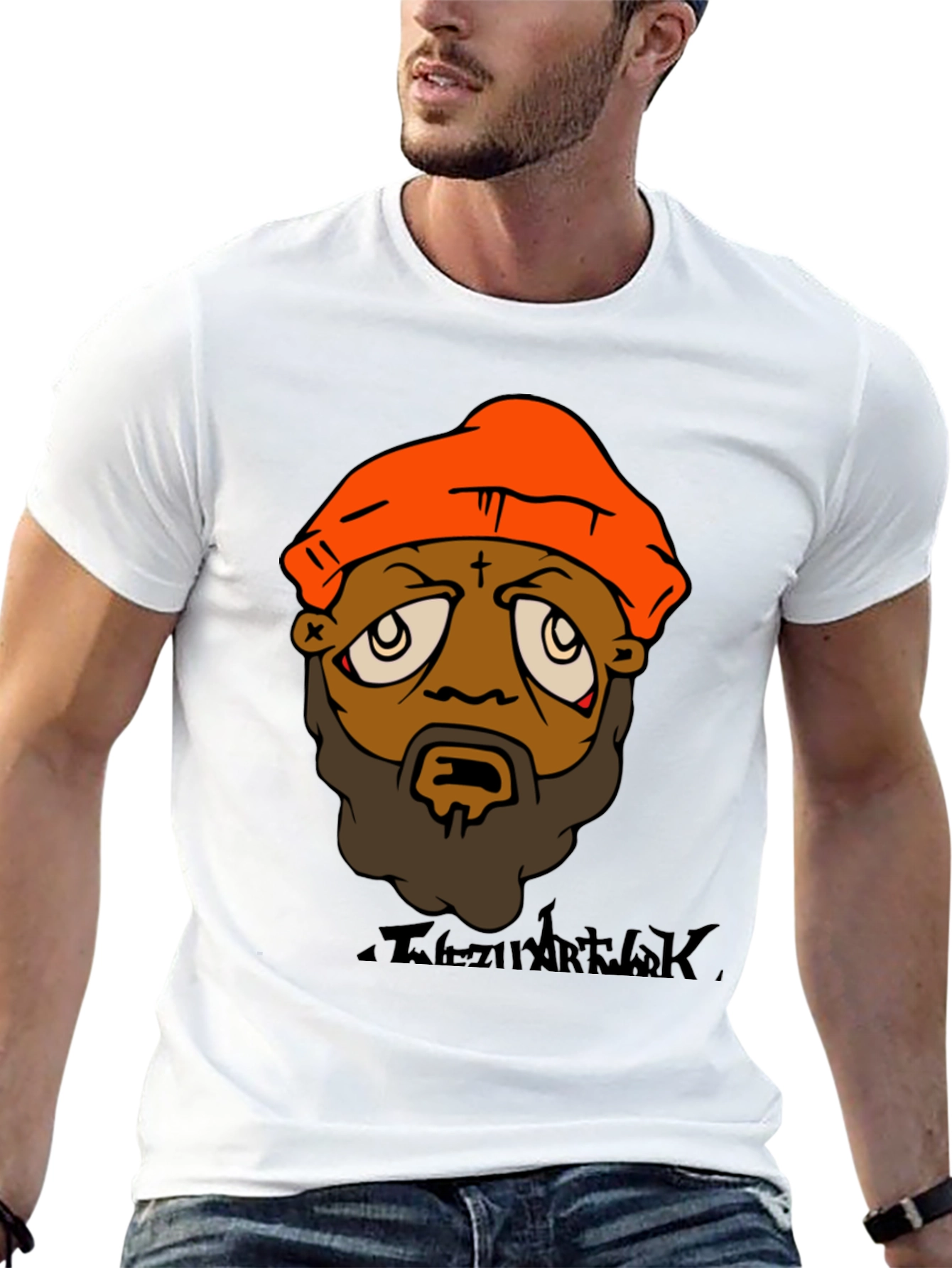 Camiseta Hombre Diseño Gráfico Naranja y Negro