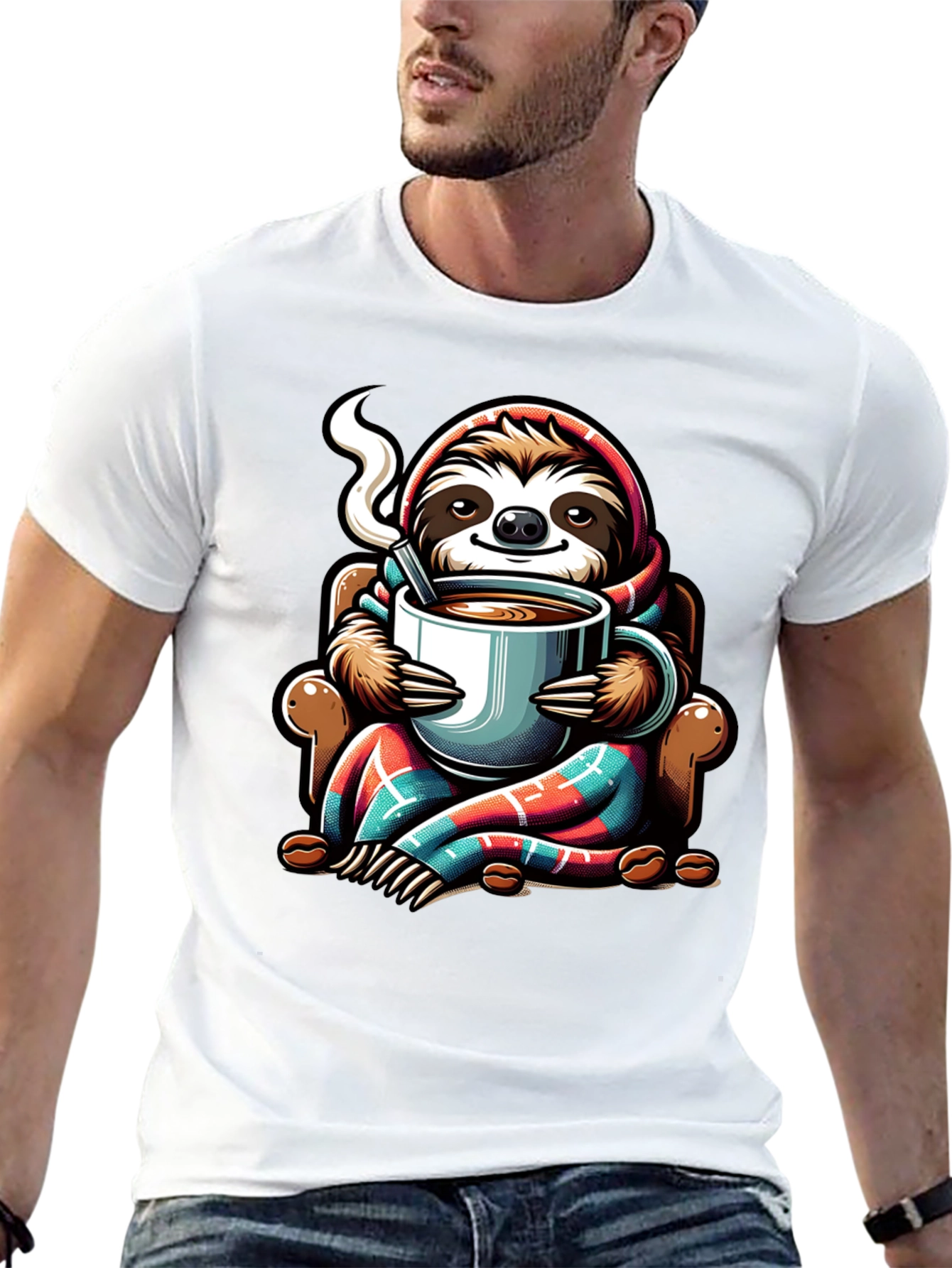 Camiseta con Diseño de Oso Perezoso y Café