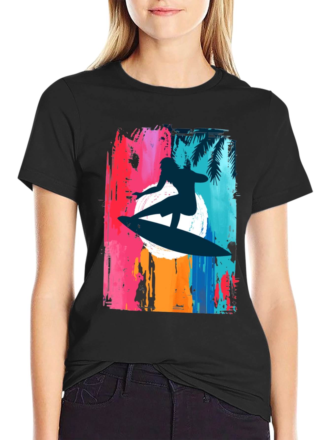 Camiseta Negra Surfista Estilo Retro