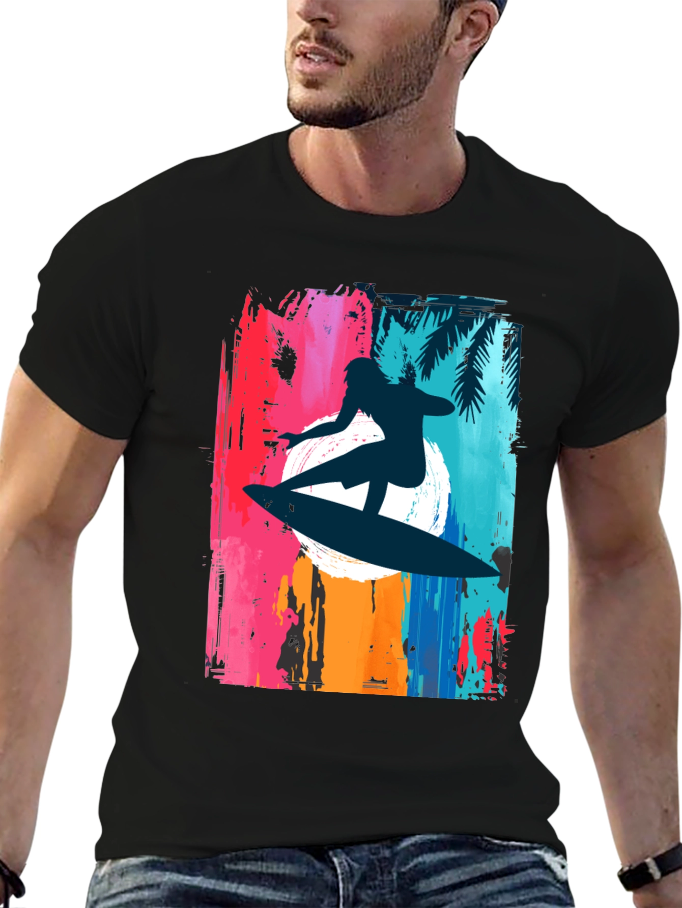 Camiseta Negra Surfista Estilo Retro