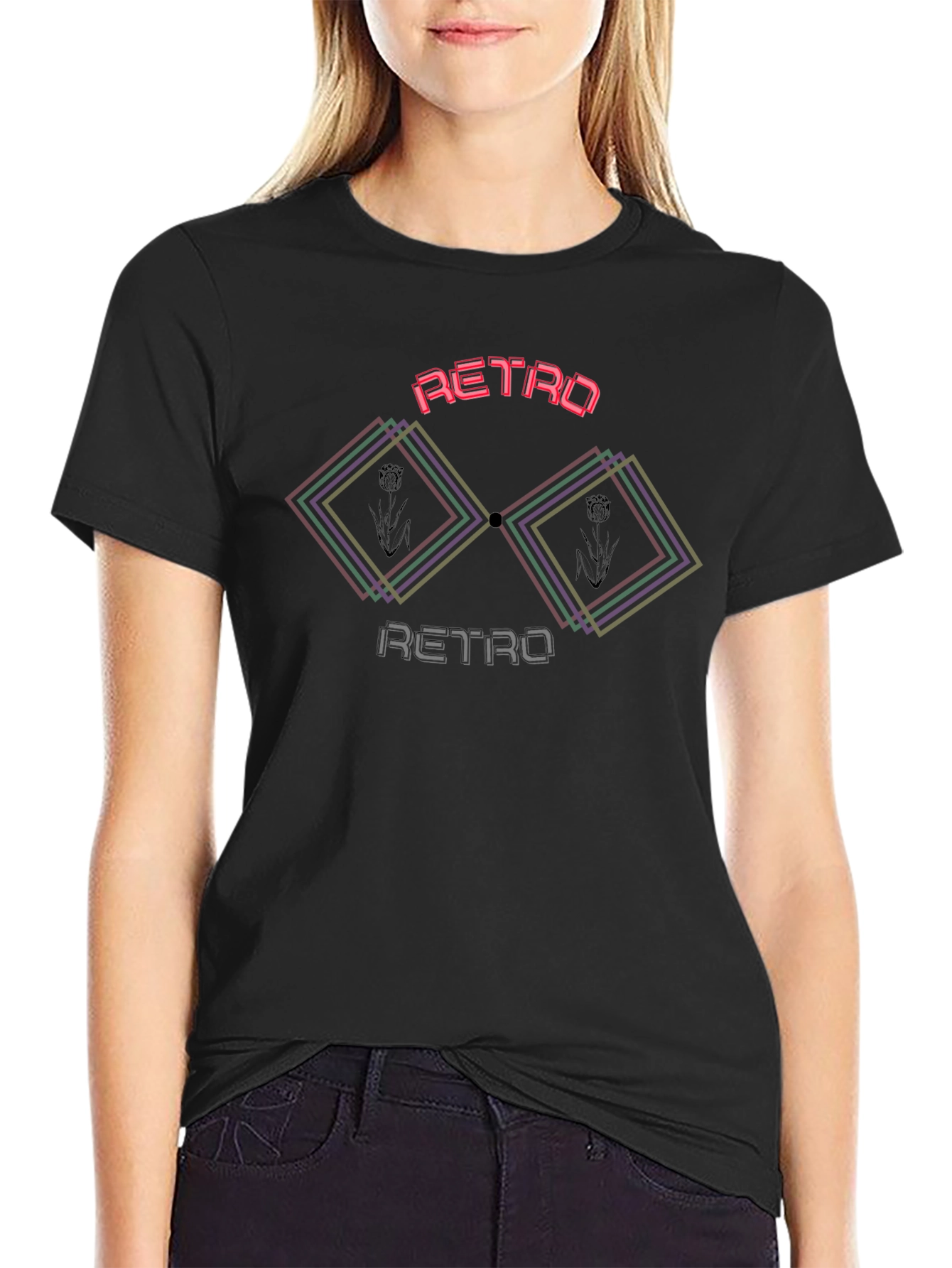 Camiseta Negra Retro con Diseño Geométrico