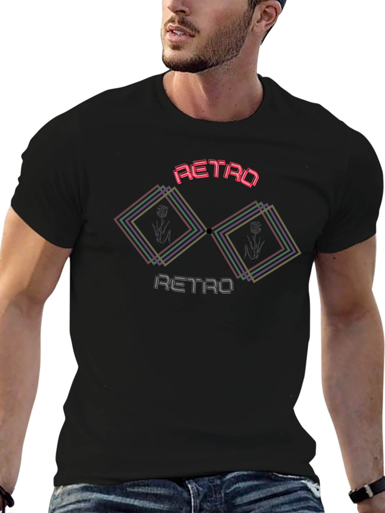 Camiseta Negra Retro con Diseño Geométrico
