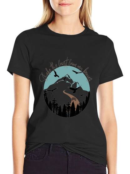 Camiseta Negra Gráfica de Montaña y Aves